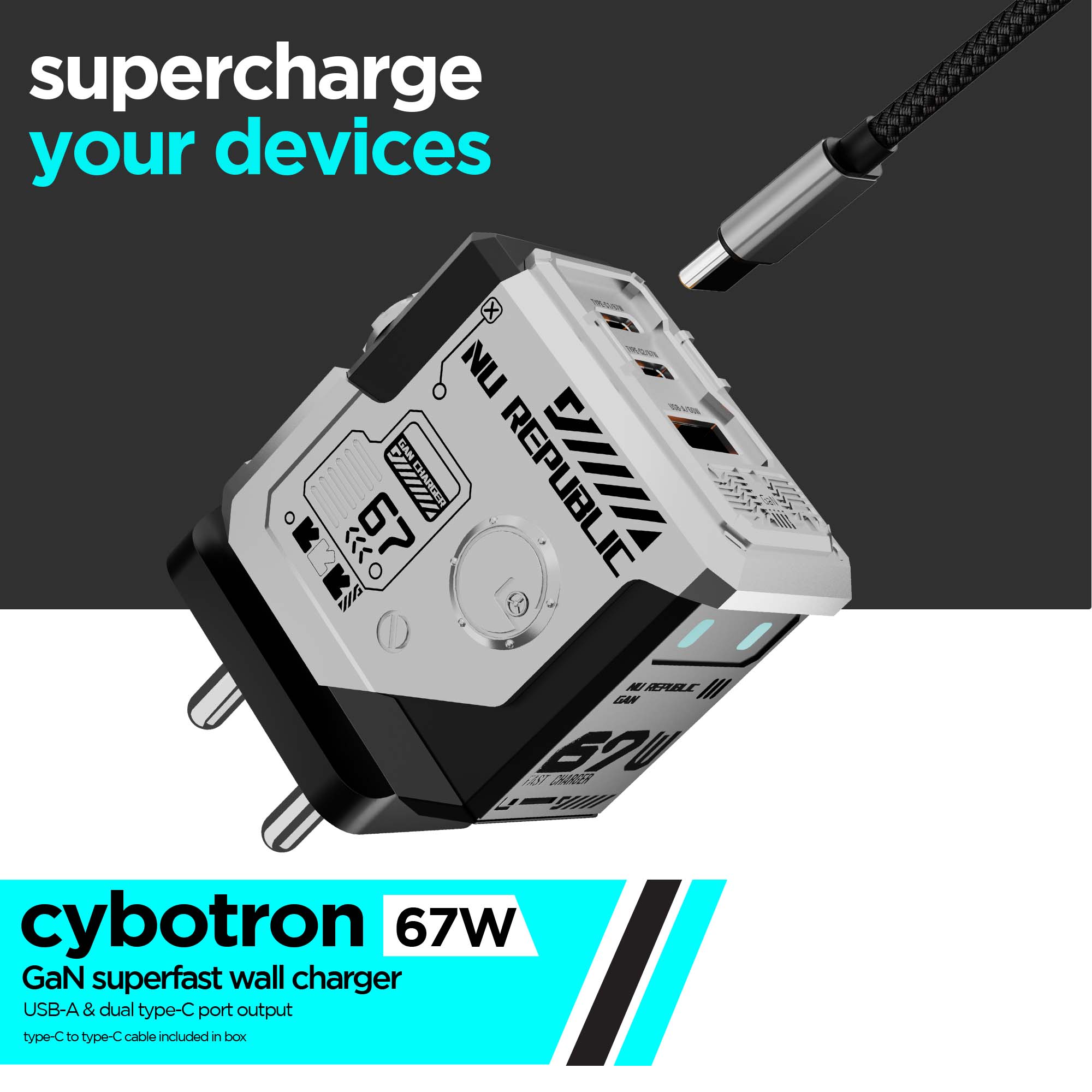 Cybotron 67W GaN Superfast Wall Charger Silver
