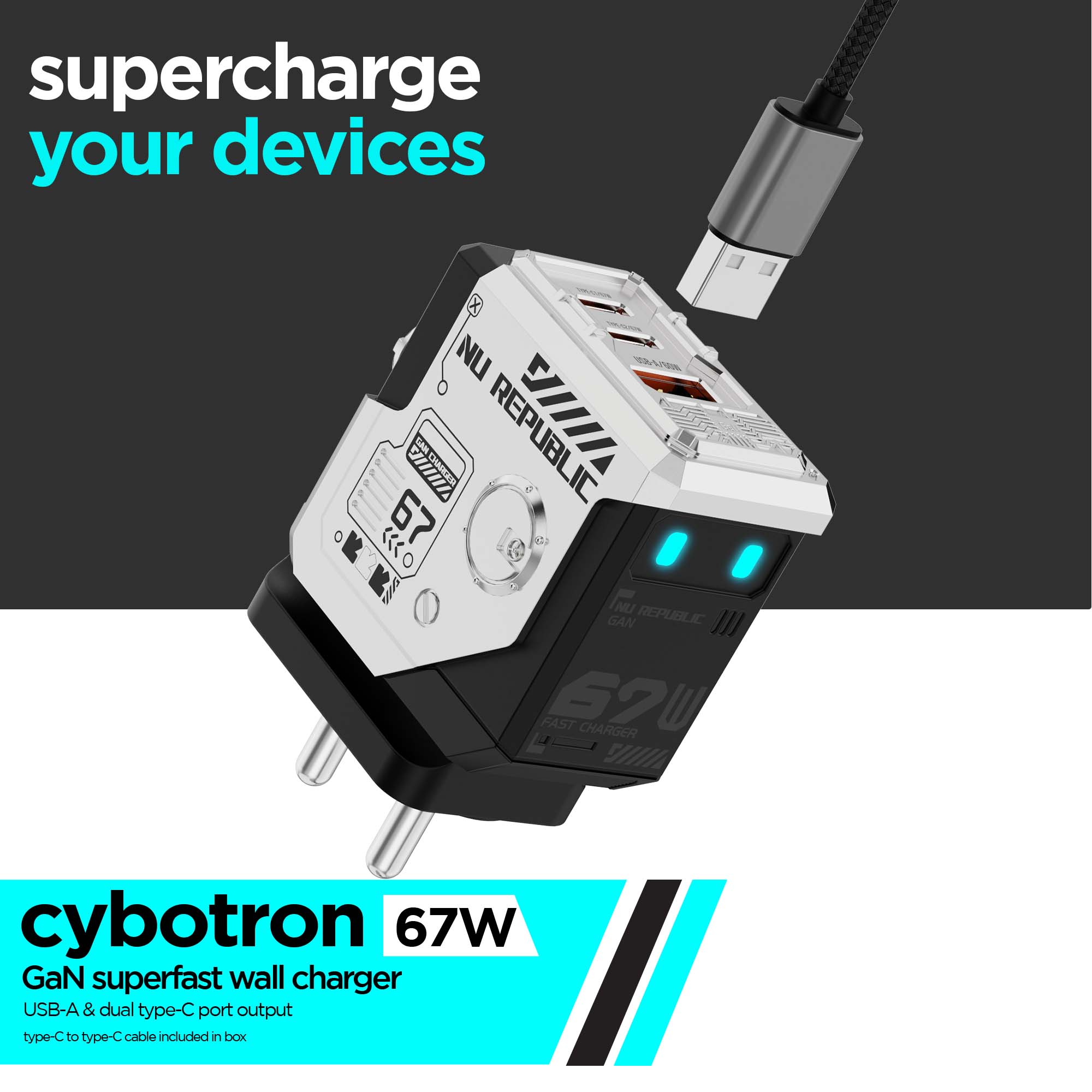Cybotron 67W GaN Superfast Wall Charger Silver