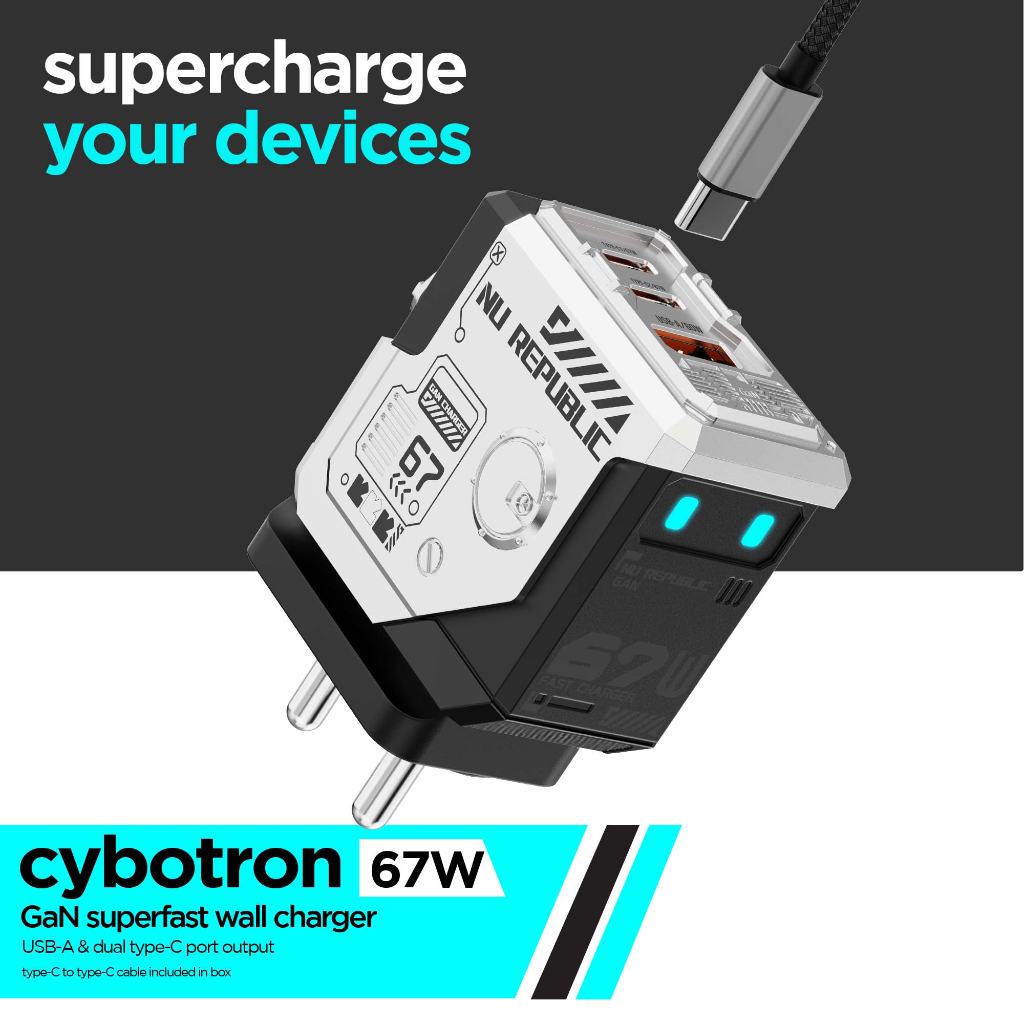 Cybotron 67W GaN Superfast Wall Charger Silver