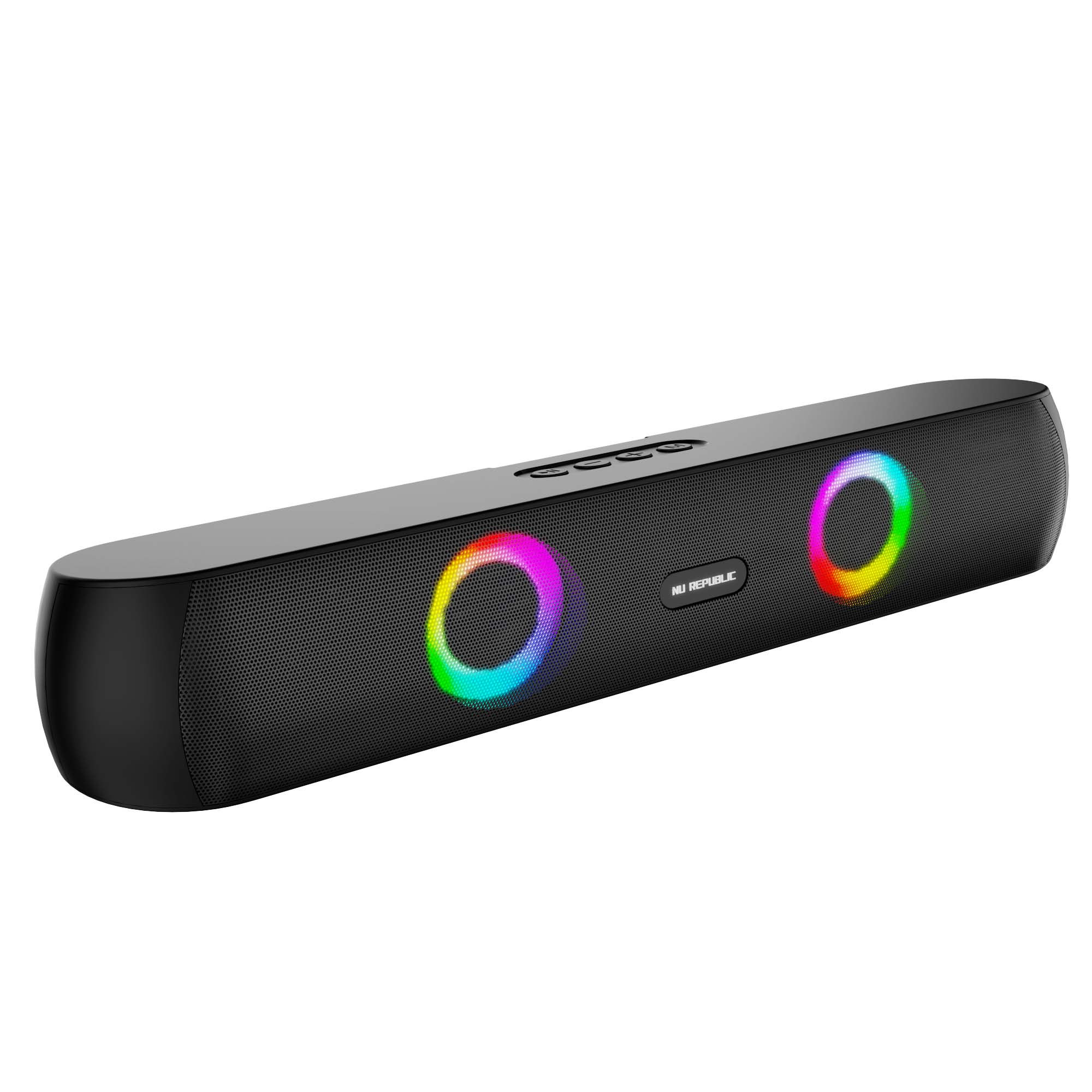 Nu Republic Partybox 160 portable wireless speaker featuring 16W RMS output, RGB lights, X-Bass® Technology, TWS pairing, and up to 10 hours of playtime.