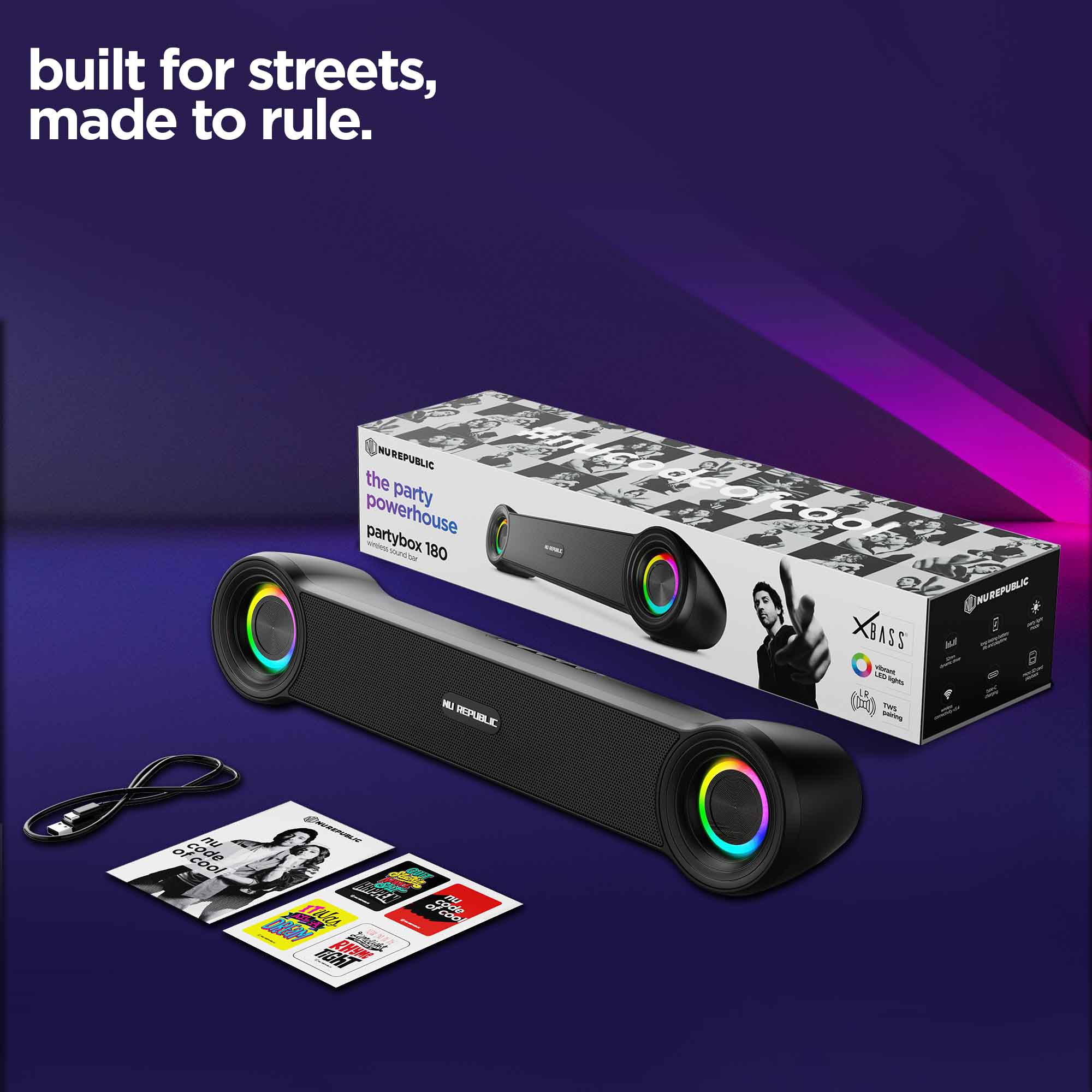 Retail packaging box of Partybox 180 Bluetooth speaker showcasing key features