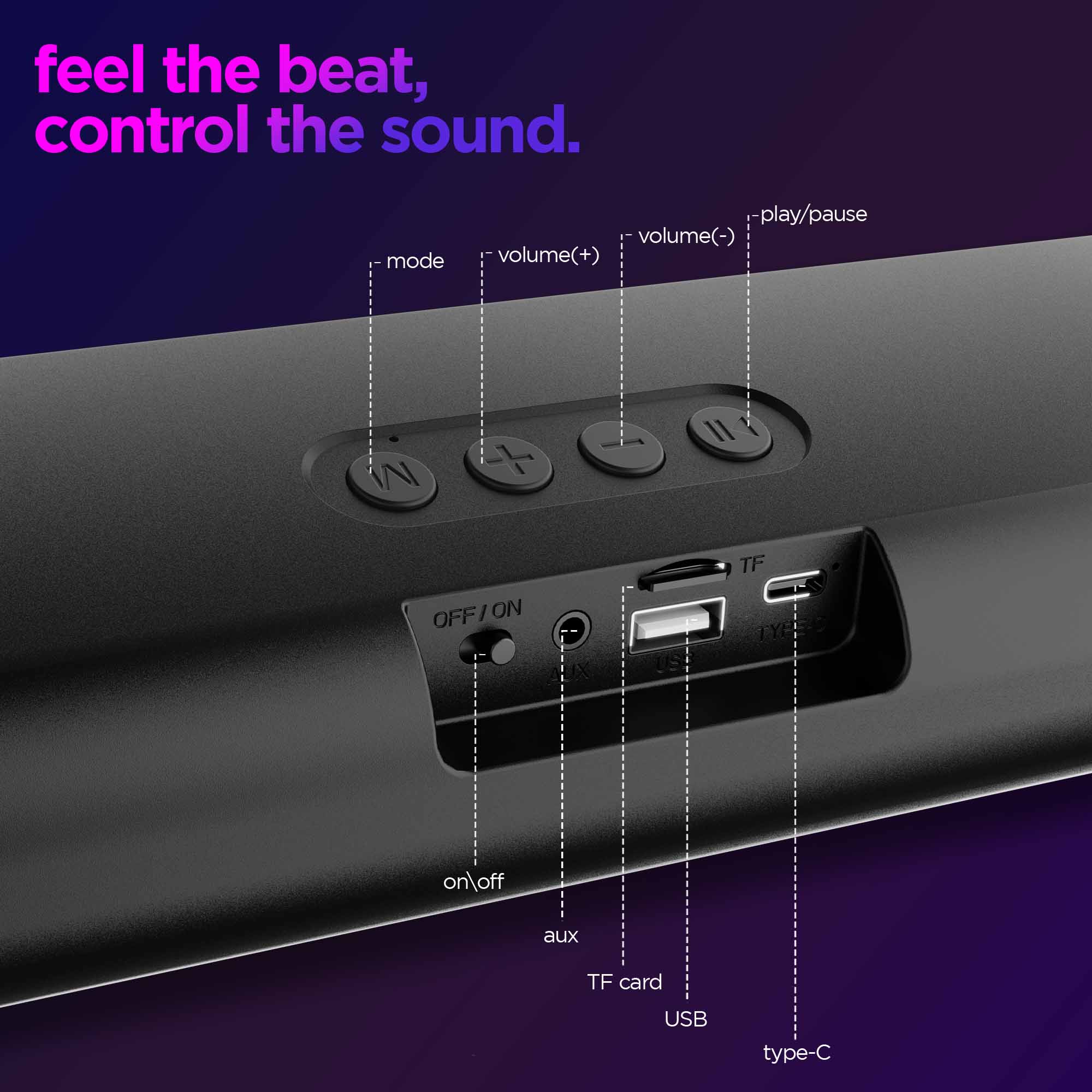 Convenient onboard control buttons for music playback, volume adjustment, and mode switching.