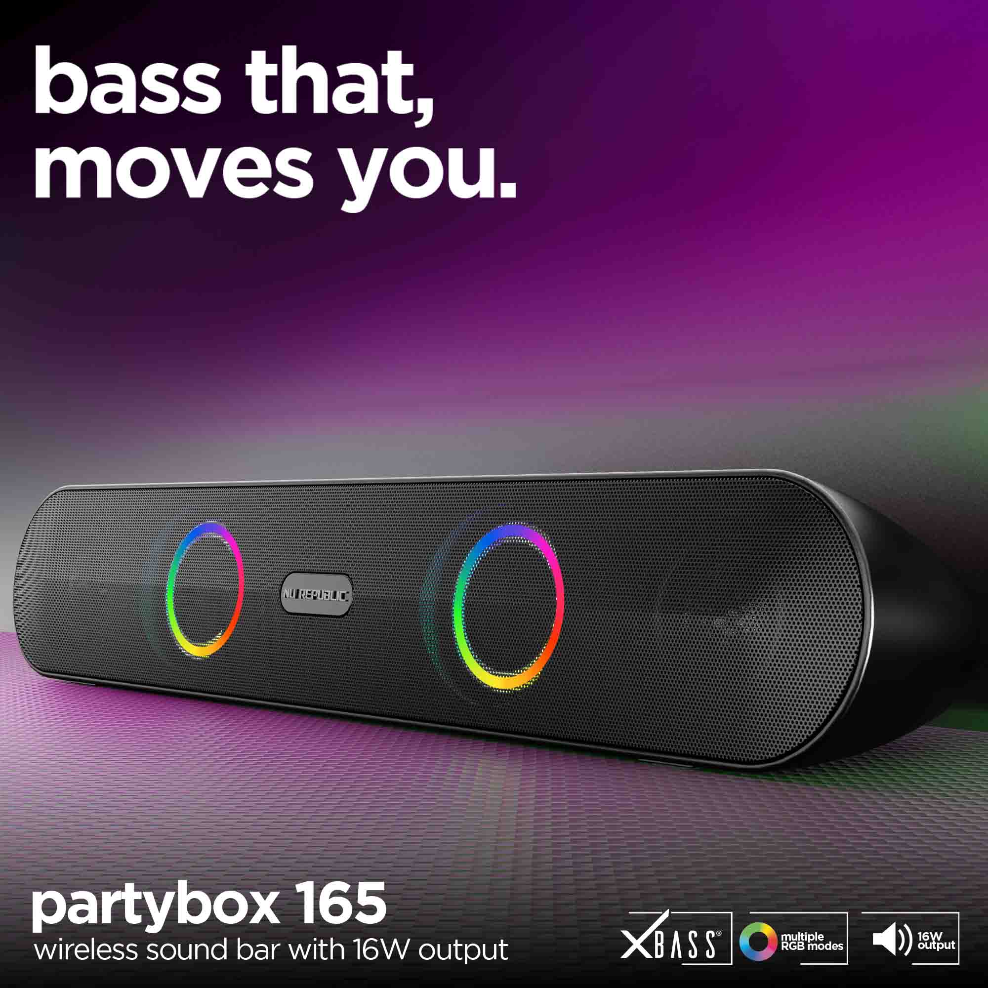 Nu Republic Partybox 165 speaker featuring vibrant RGB lights that sync with your music to create an immersive party atmosphere.