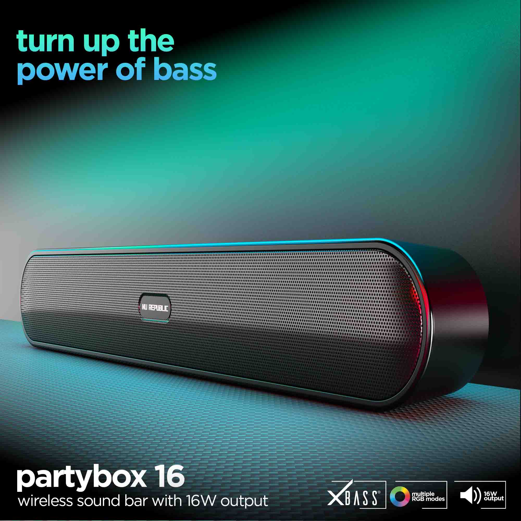 Key visual showcasing the Partybox 16 Bluetooth speaker delivering immersive audio and dynamic lighting effects.