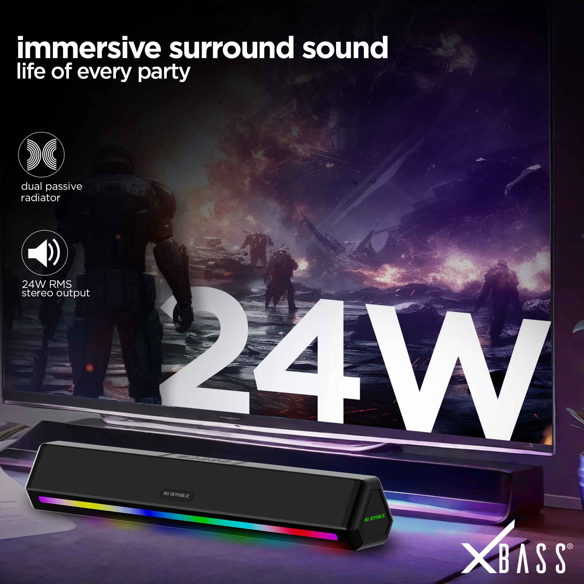 Experience deep, punchy bass powered by dual passive radiators and X-Bass® technology.
