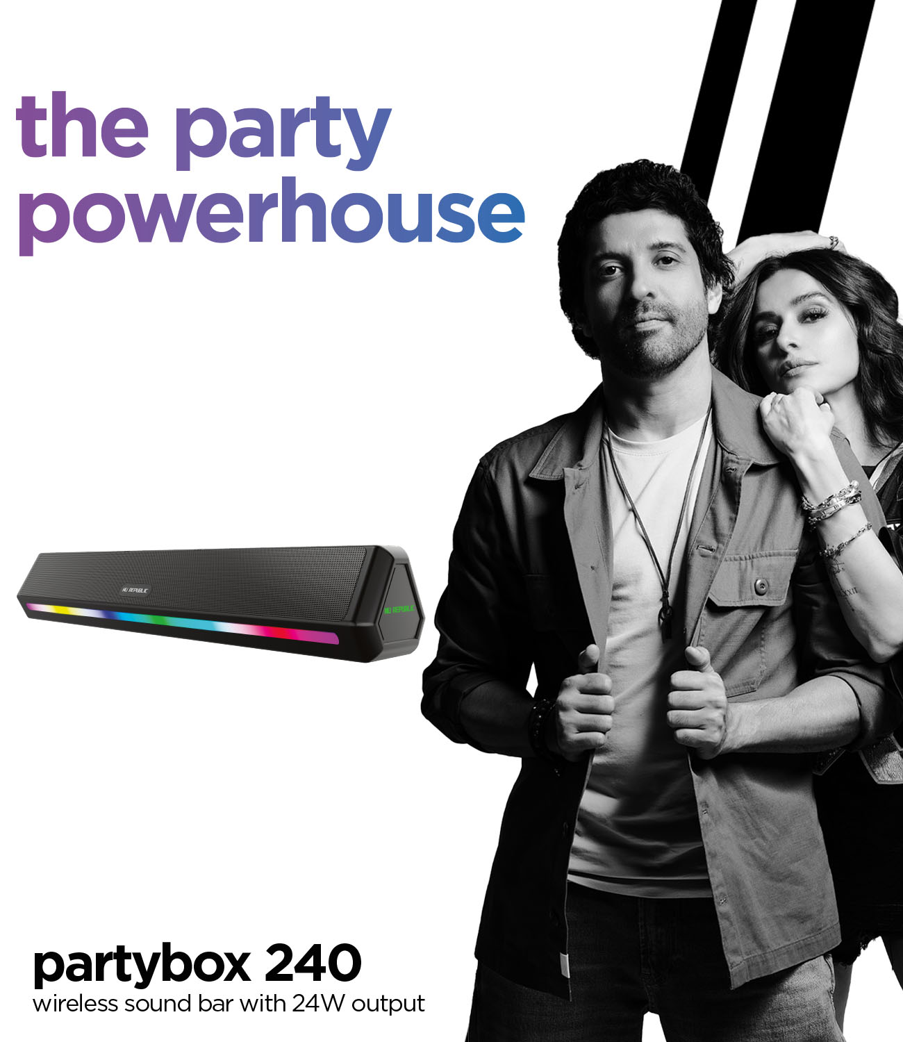 Take powerful 24W sound, deep bass, and vibrant LED lights with you wherever you go with Partybox 240.