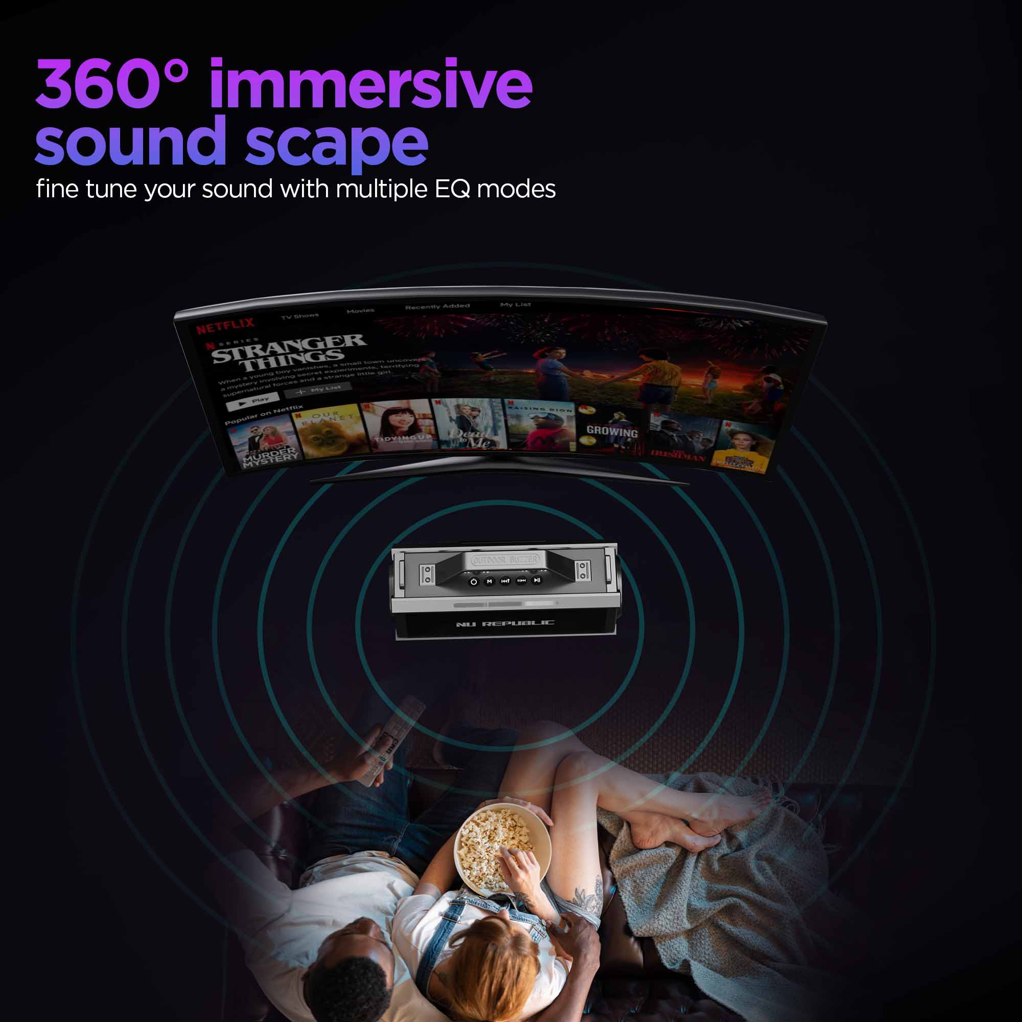 Eye-catching speaker delivering loud sound, powerful bass, and vibrant party vibes.