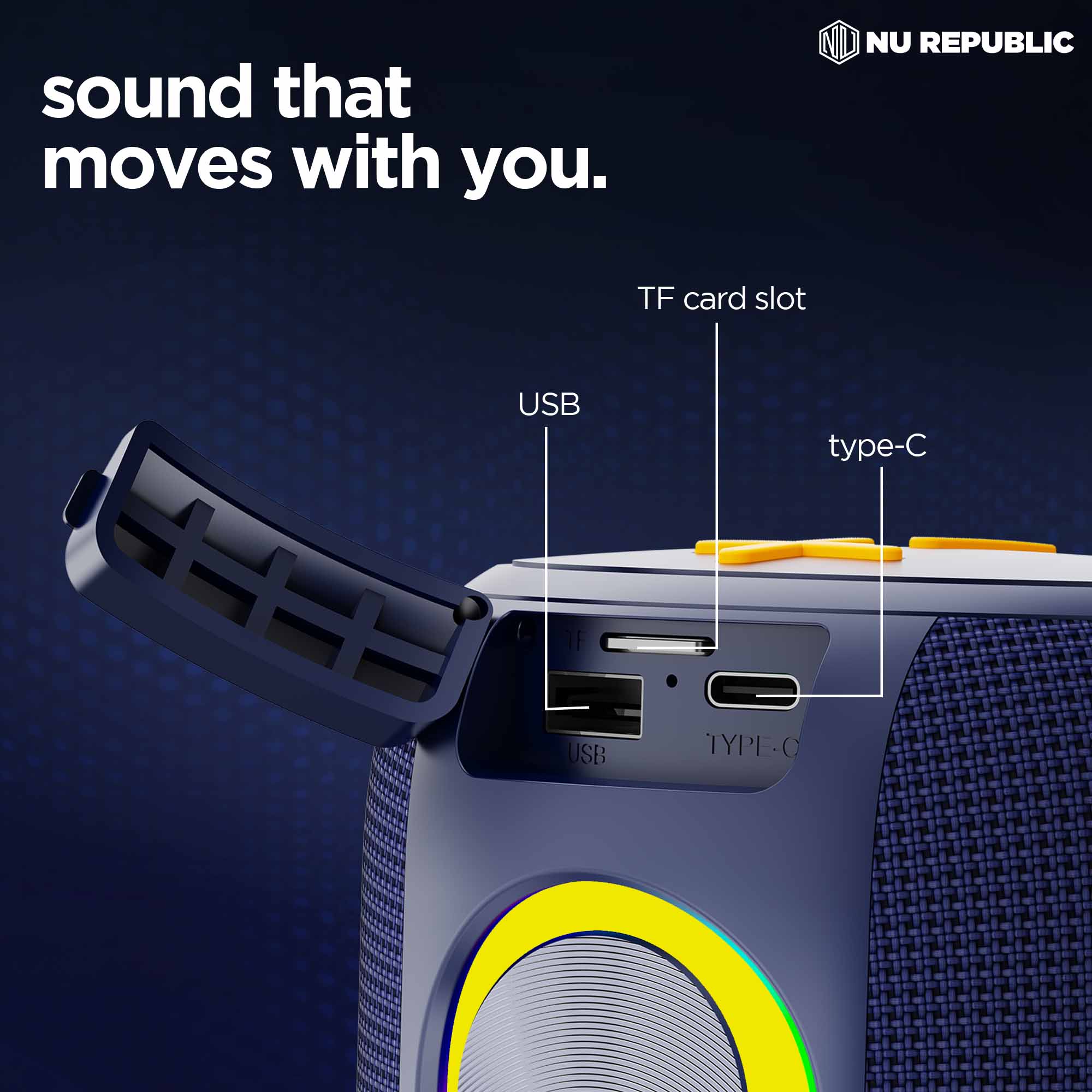 SonicPop 2000 wireless speaker featuring USB, TF card slot, and Type-C charging port for versatile music playback and charging.