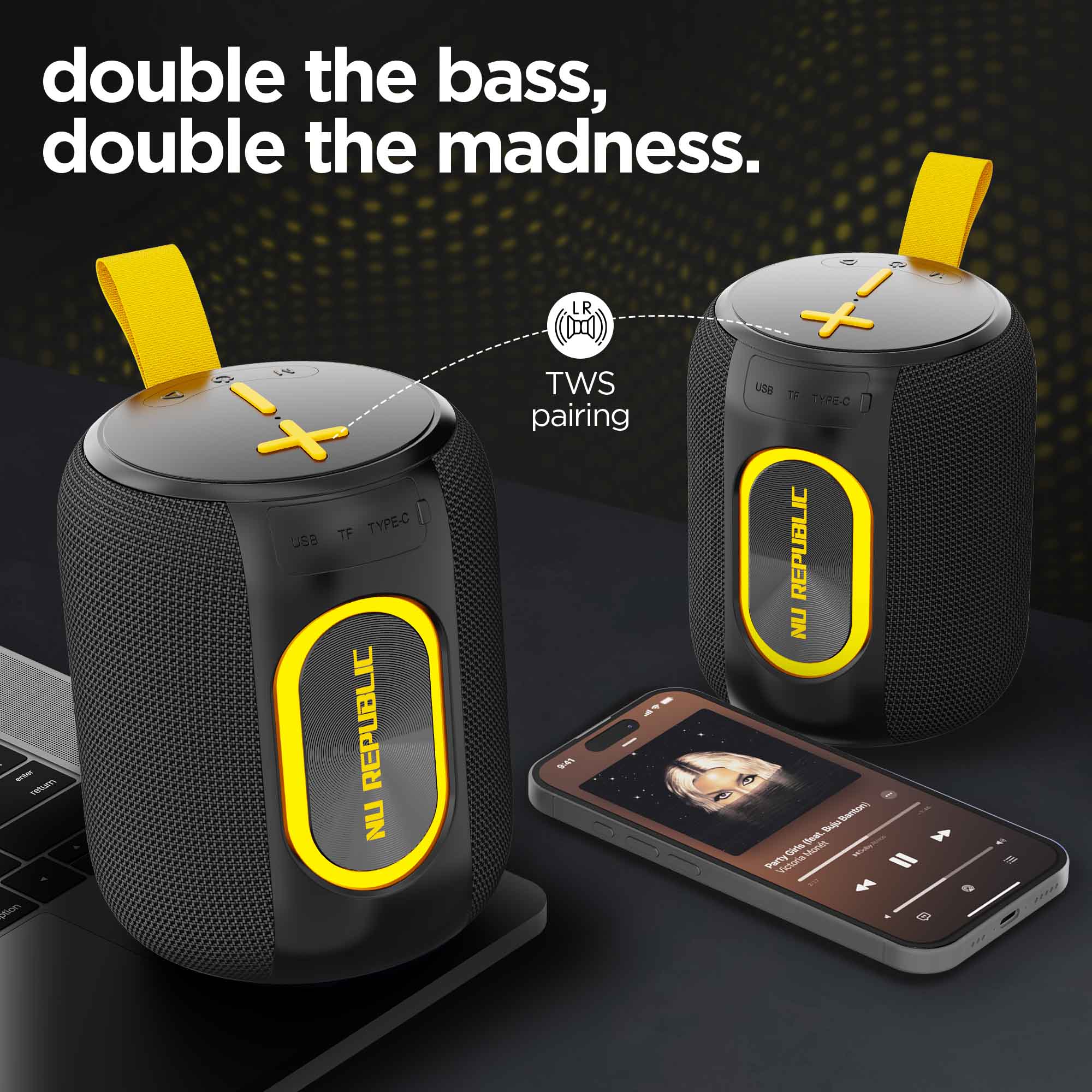 Pair two SonicPop 2000 speakers wirelessly for immersive stereo sound.