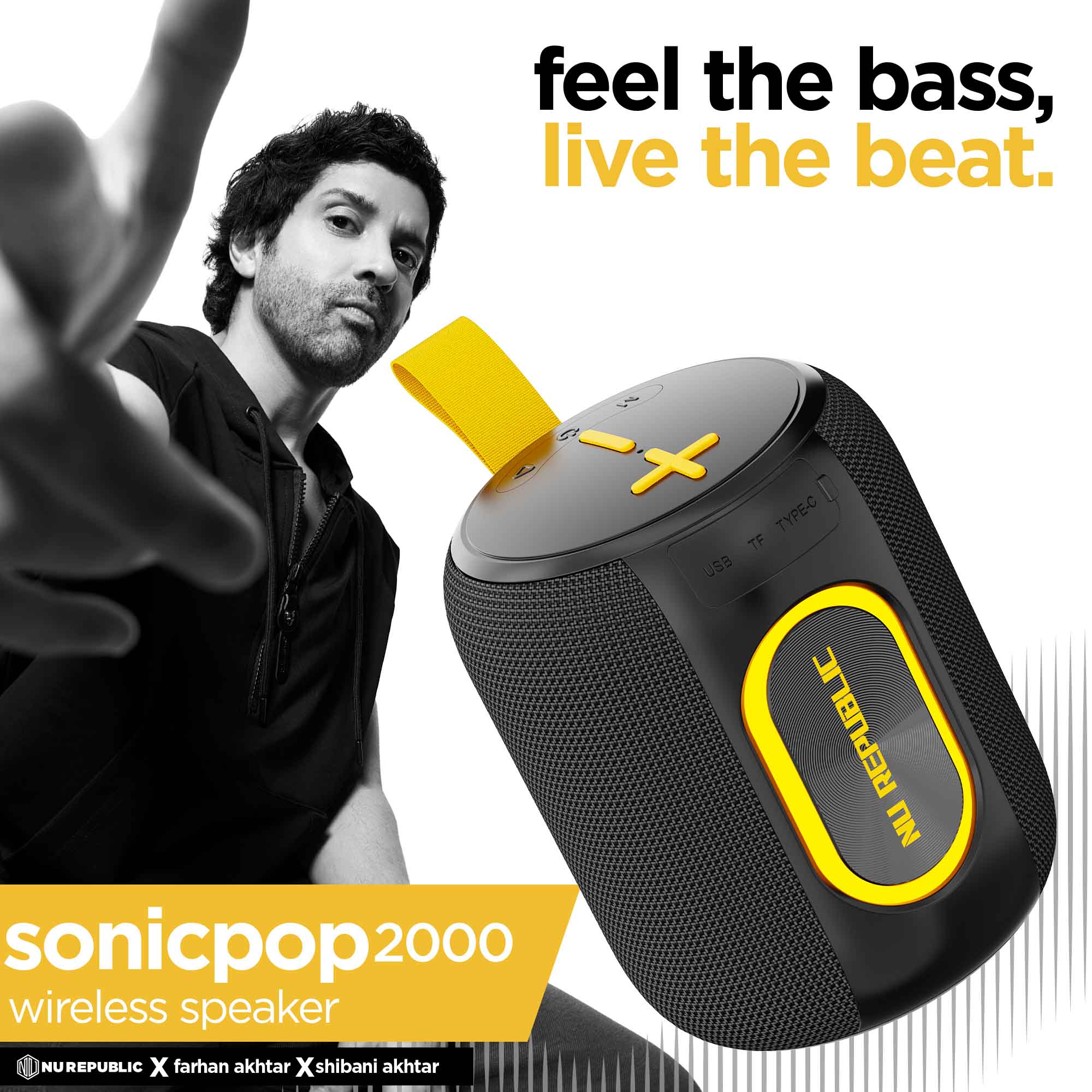 Farhan Akhtar featured with the SonicPop 200 Bluetooth speaker, showcasing premium audio and style.