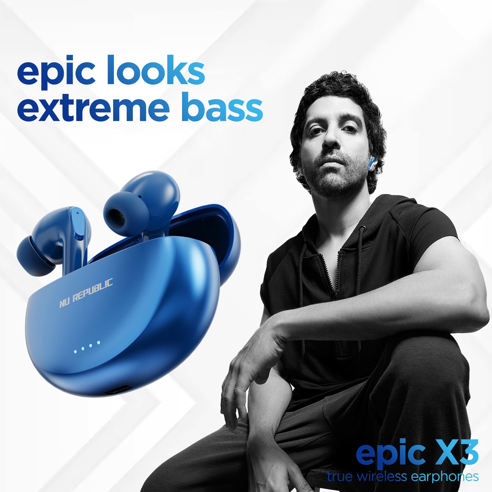 Farhan Akhtar with Epic X3 true wireless earbuds featuring powerful bass, ENC calling, and long battery life