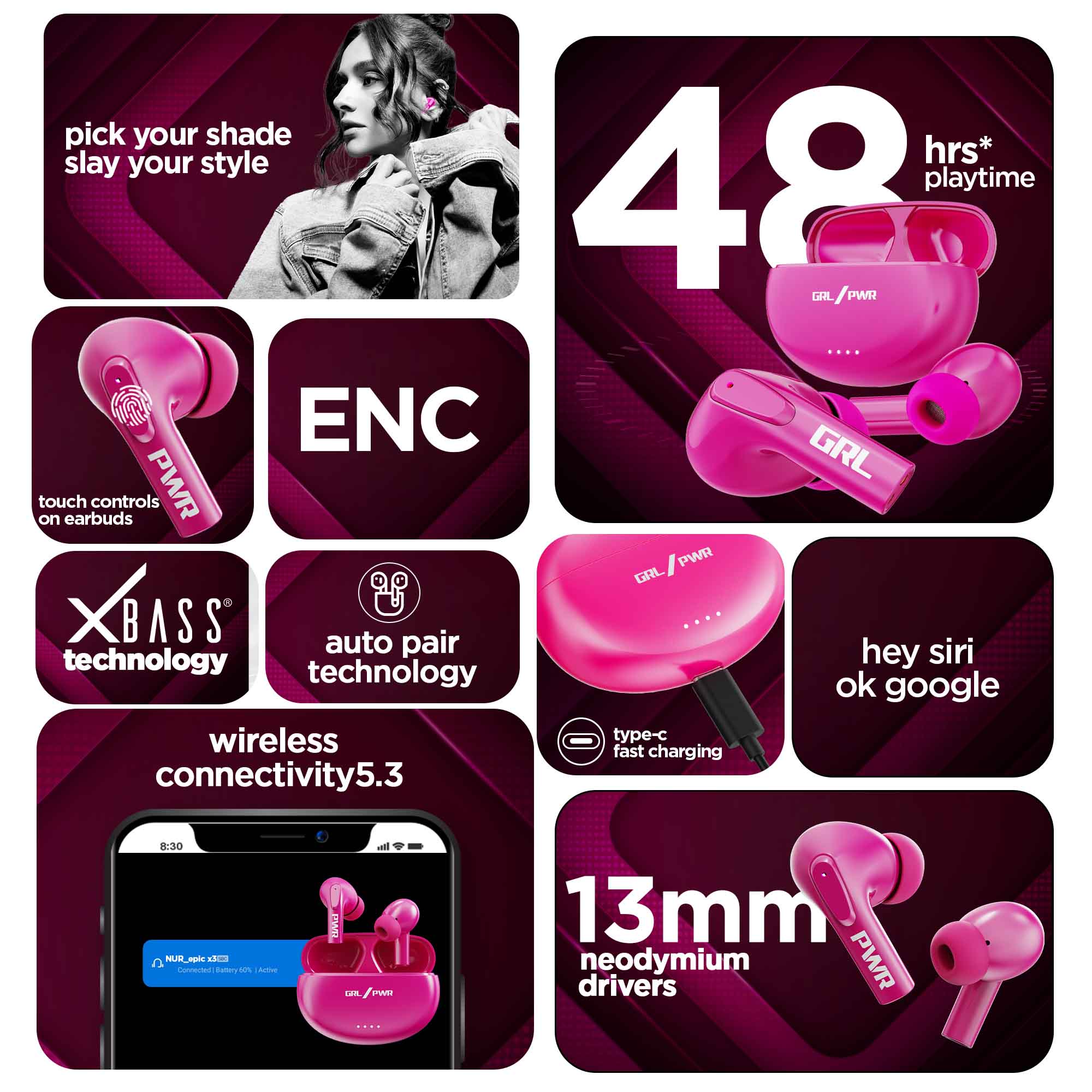 Epic X3 Hot Pink Bluetooth earbuds with immersive sound and seamless wireless connectivity