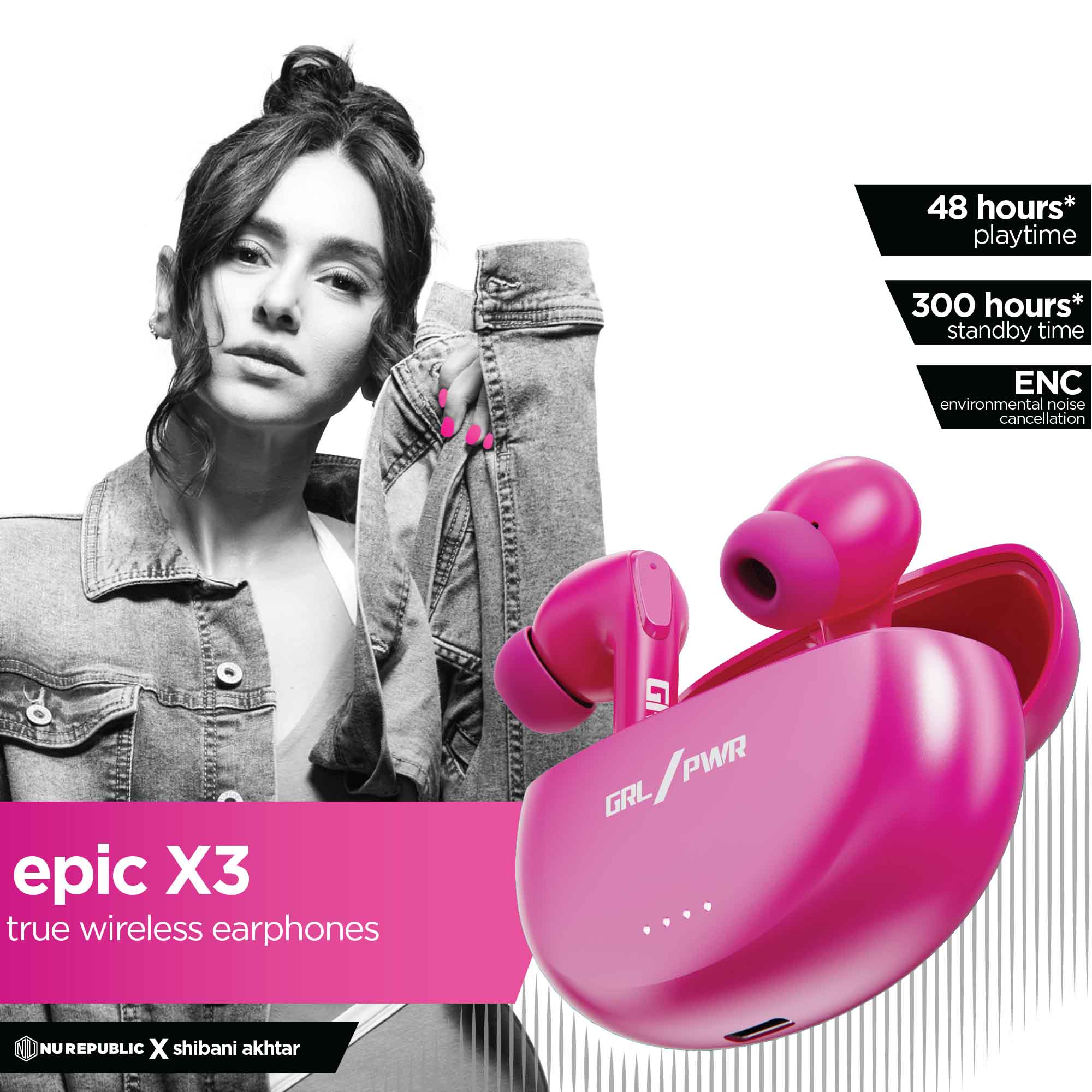 Epic X3 Hot Pink earbuds with long-lasting battery life for uninterrupted entertainment