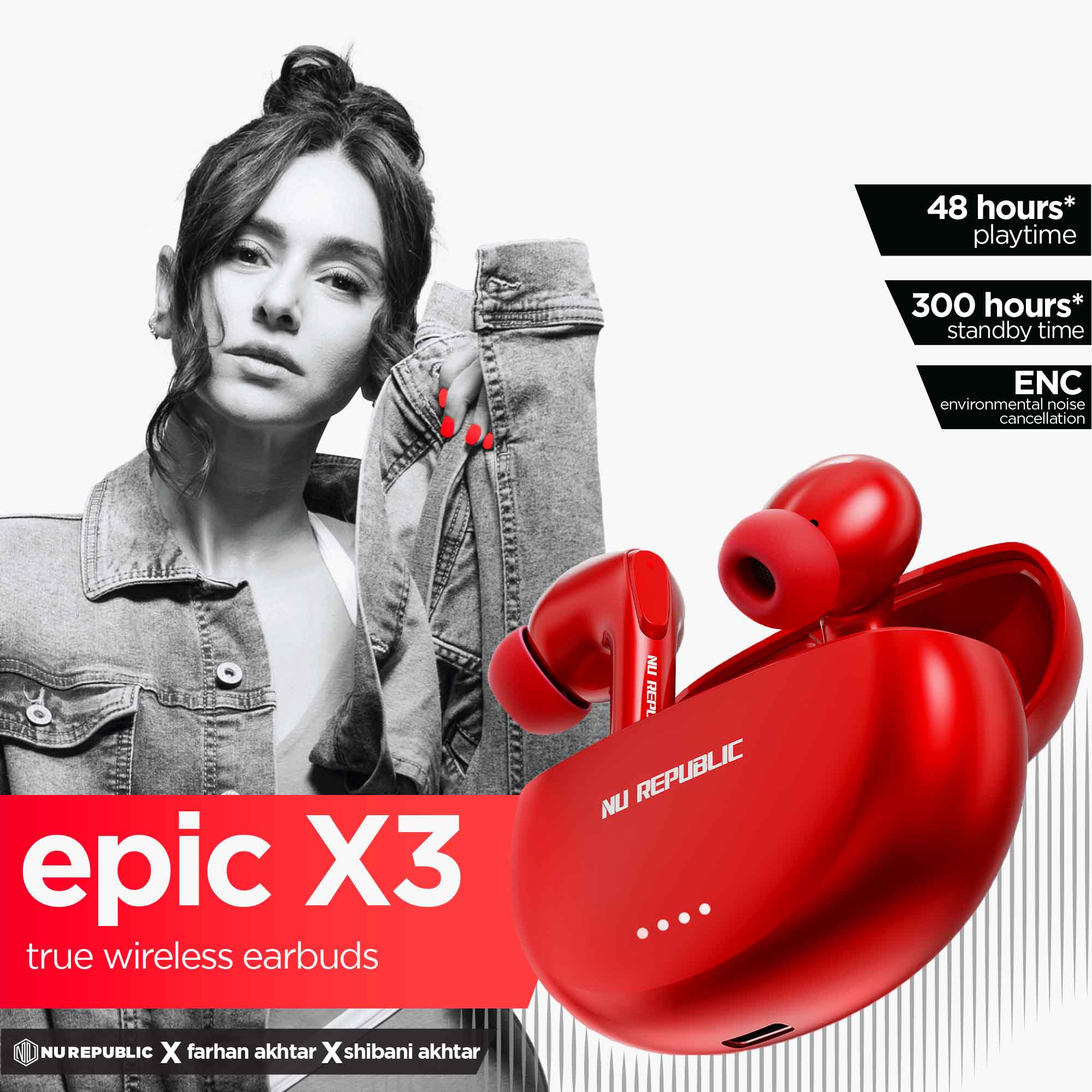 Epic X3 Hot Pink earbuds featuring 48 hours playtime, 13mm neodymium drivers, X-Bass technology, and ENC calling