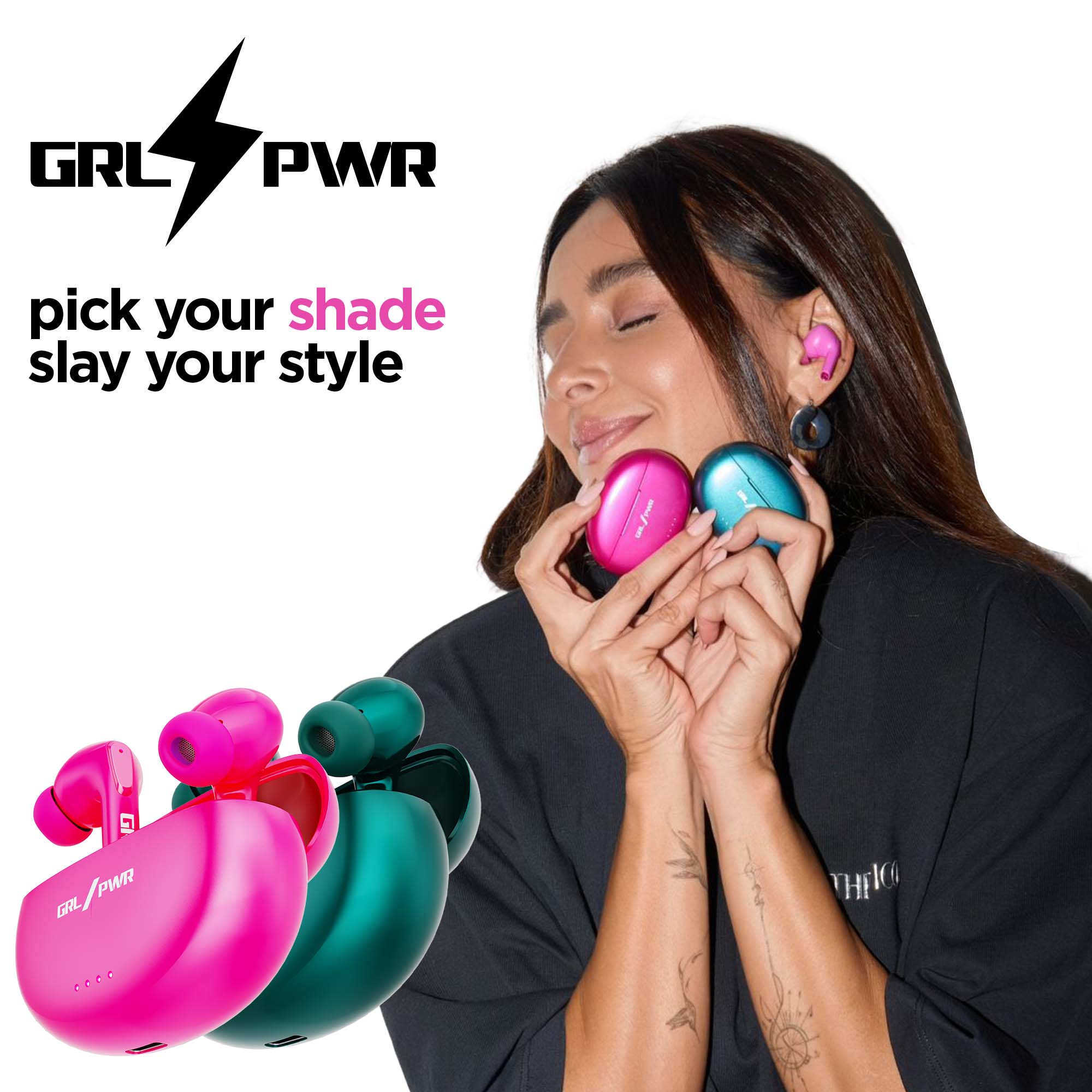 Shibani Akhtar with Epic X3 Hot Pink true wireless earbuds featuring powerful bass, ENC calling, and long battery life