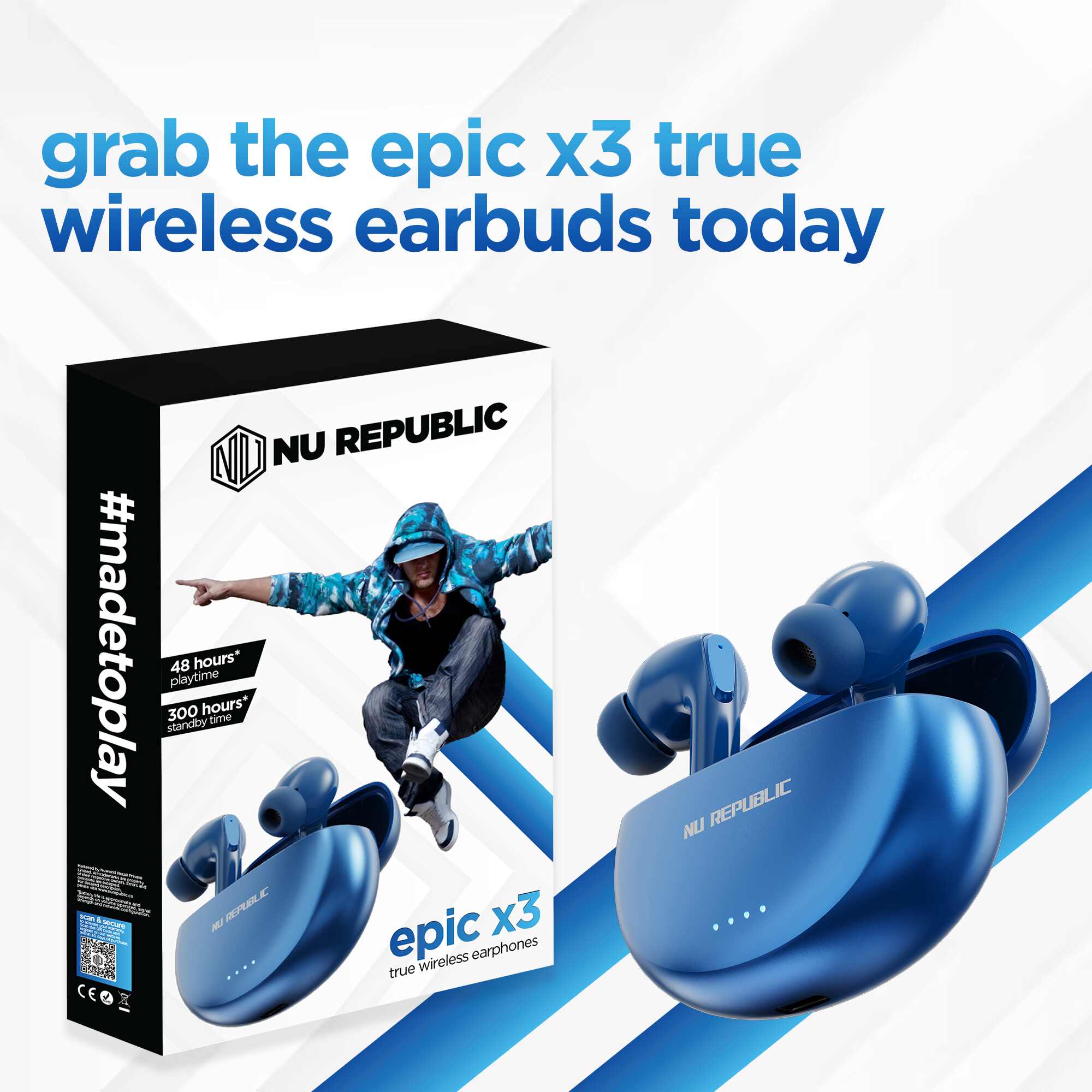 Epic X3 package includes earbuds, charging case, and USB Type-C charging cable