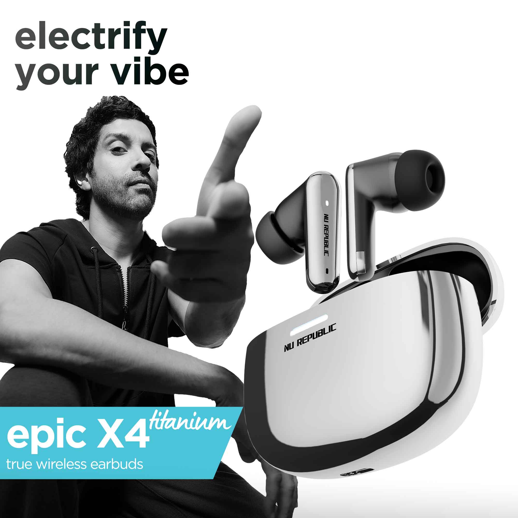 Farhan Akhtar with Nu Republic Epic X4 Green true wireless earbuds featuring X-Bass technology, ENC calling, and 52 hours playtime