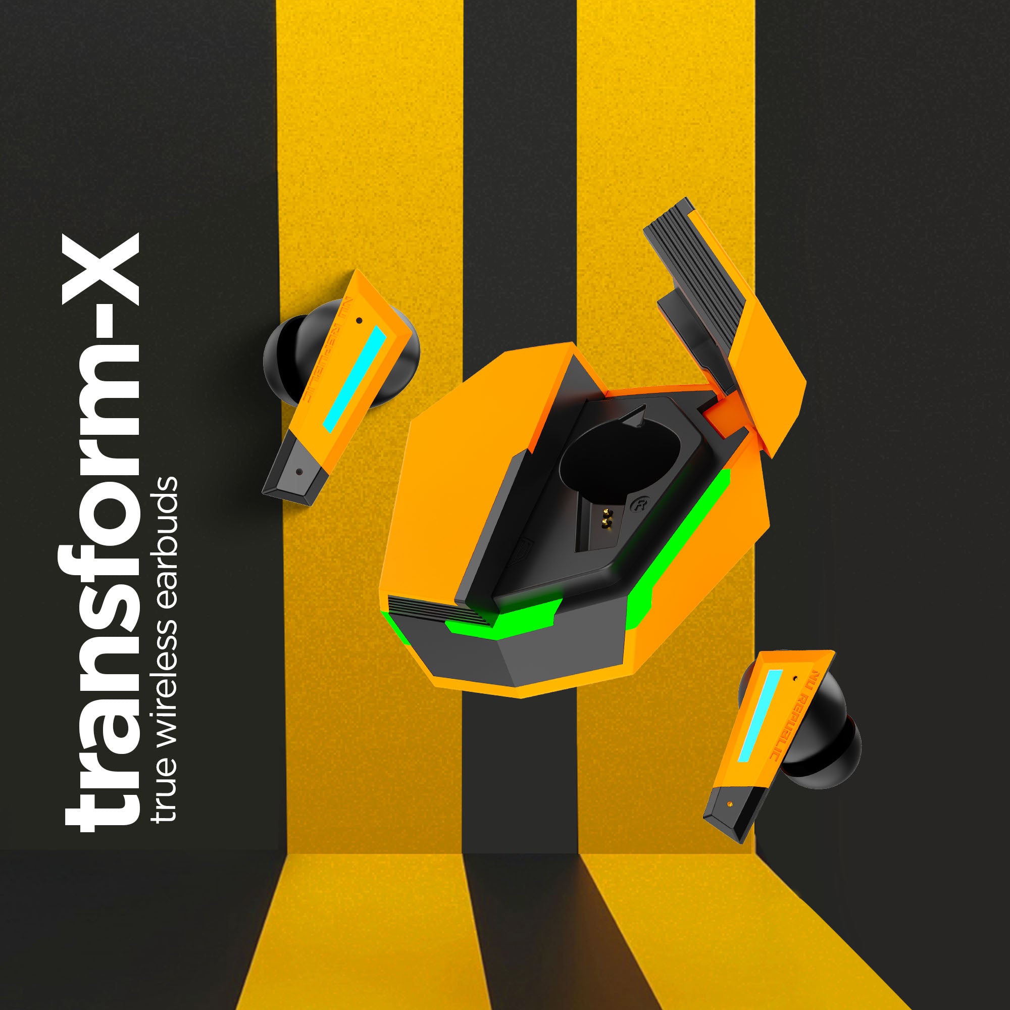 Transform X true wireless earbuds featuring futuristic gaming-inspired design and LED lighting