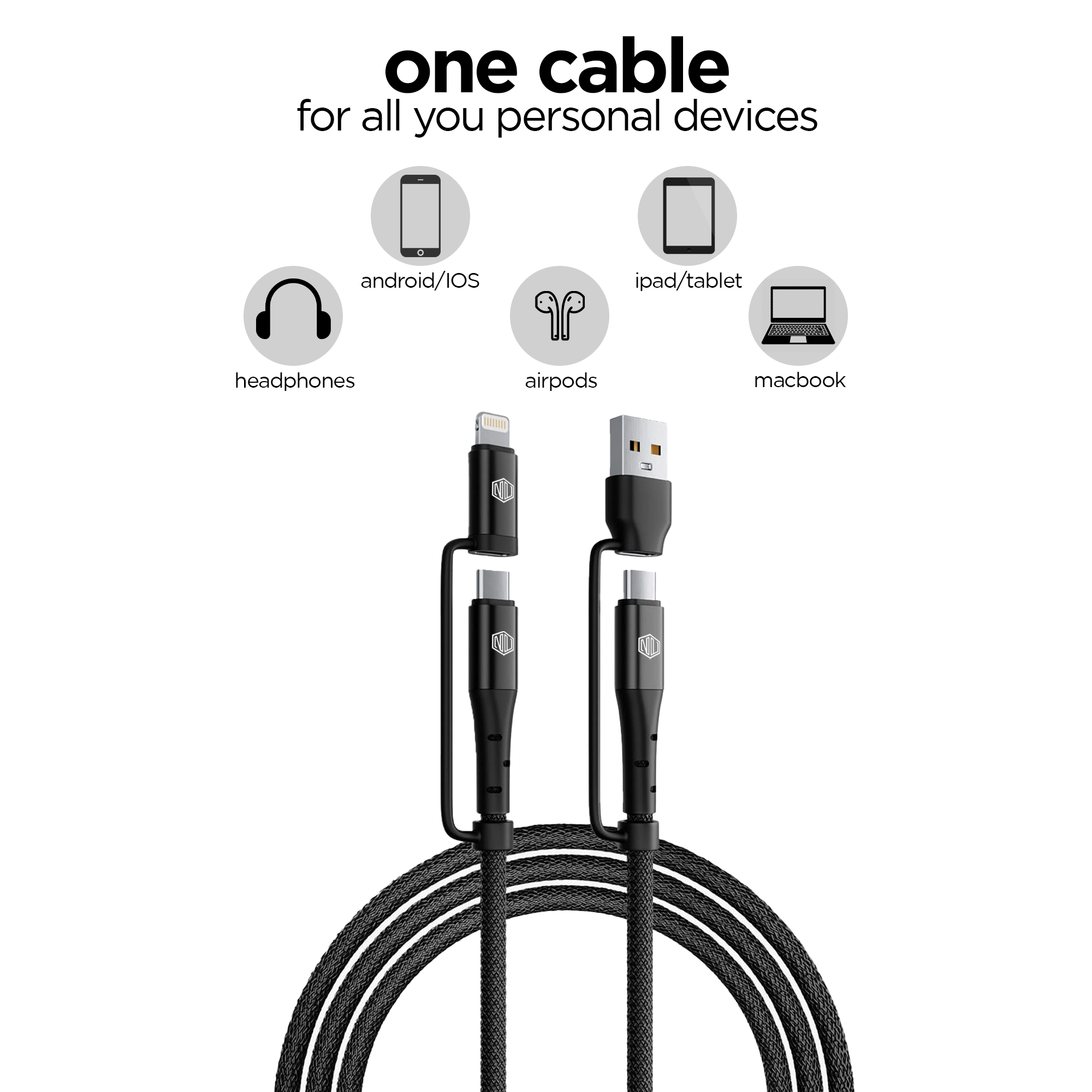 Blaze Quad 100W 4 in 1  Cable (USB-A to Type-C to Type-C to Type-L)