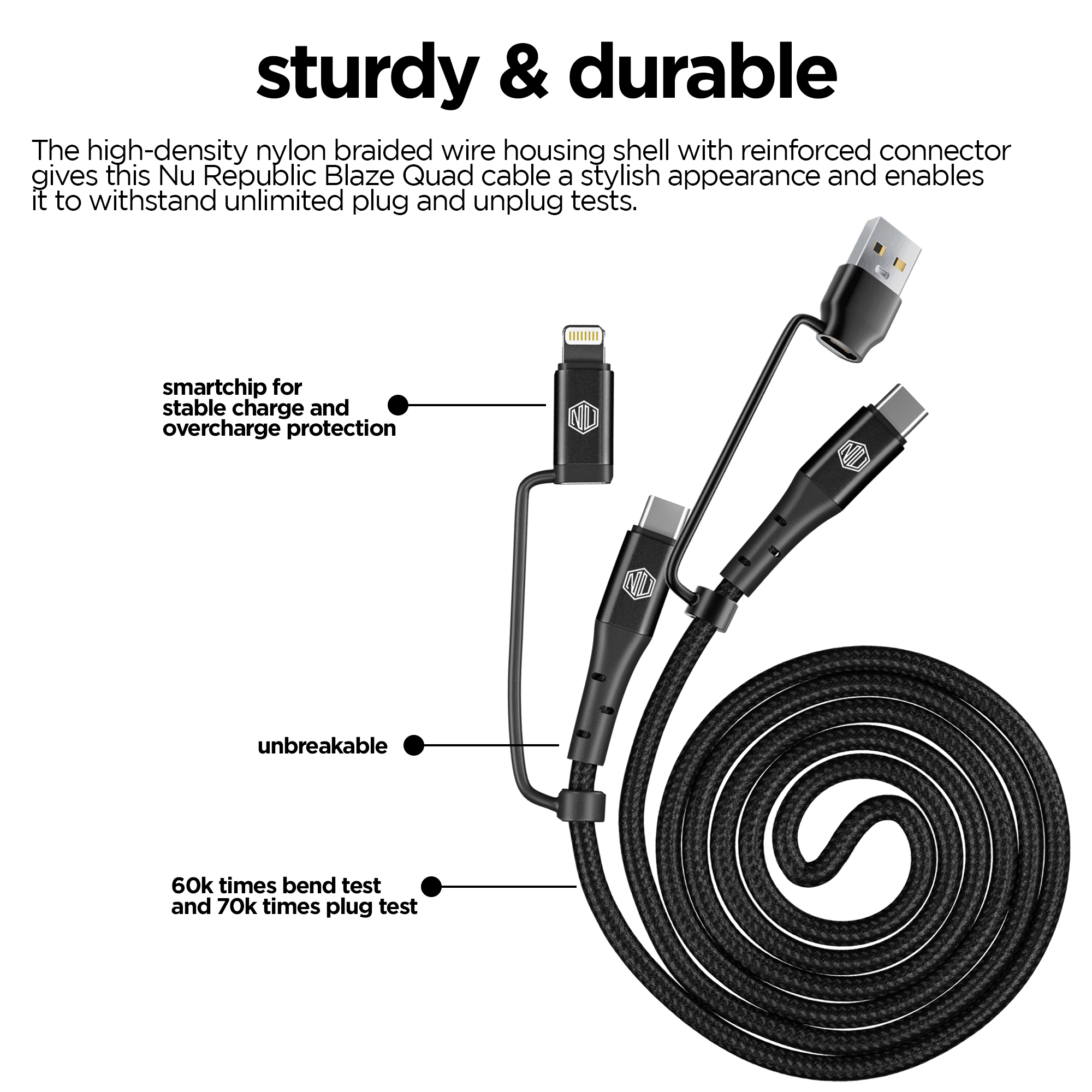 Blaze Quad 100W 4 in 1  Cable (USB-A to Type-C to Type-C to Type-L)