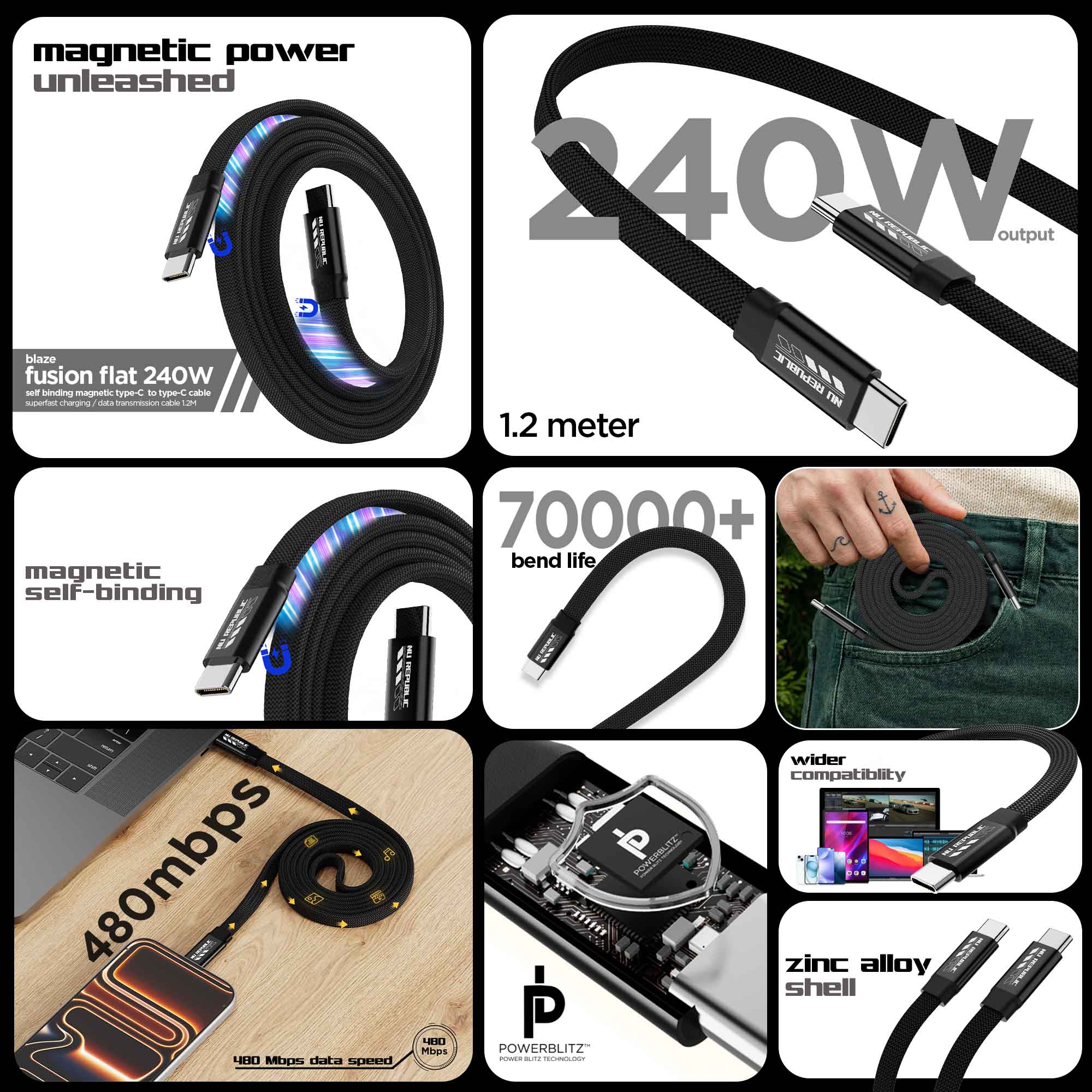 Blaze Fusion Flat 240W Magnetic Cable