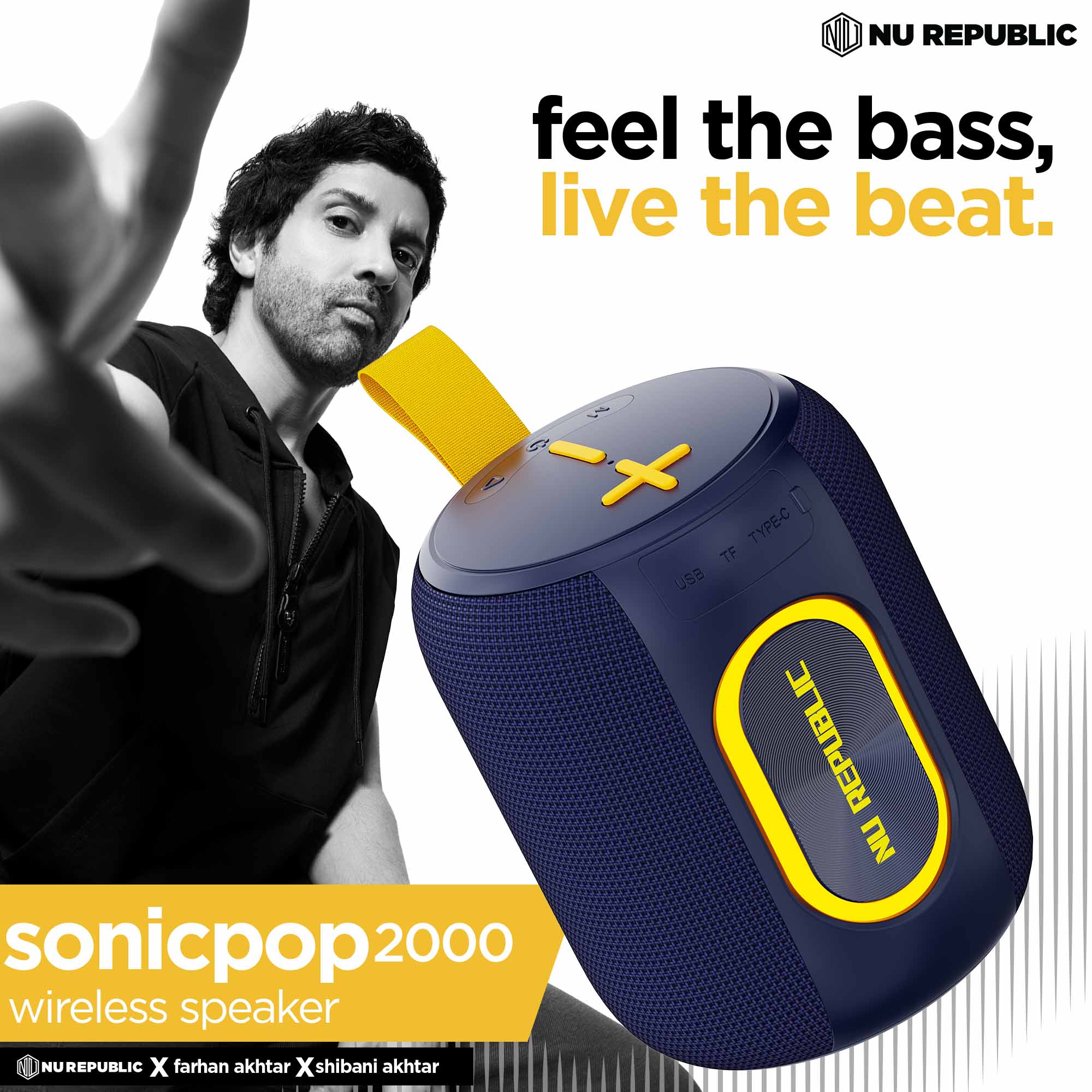 Farhan Akhtar featured with the Nu Republic SonicPop 2000 wireless speaker, representing powerful sound, style, and performance.