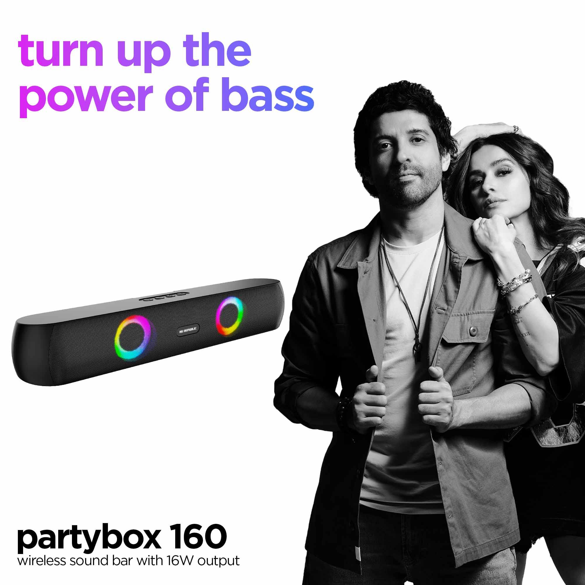 Partybox 160 wireless party speaker delivering powerful 16W sound, dynamic RGB lighting, deep bass, and all-day entertainment wherever you go.