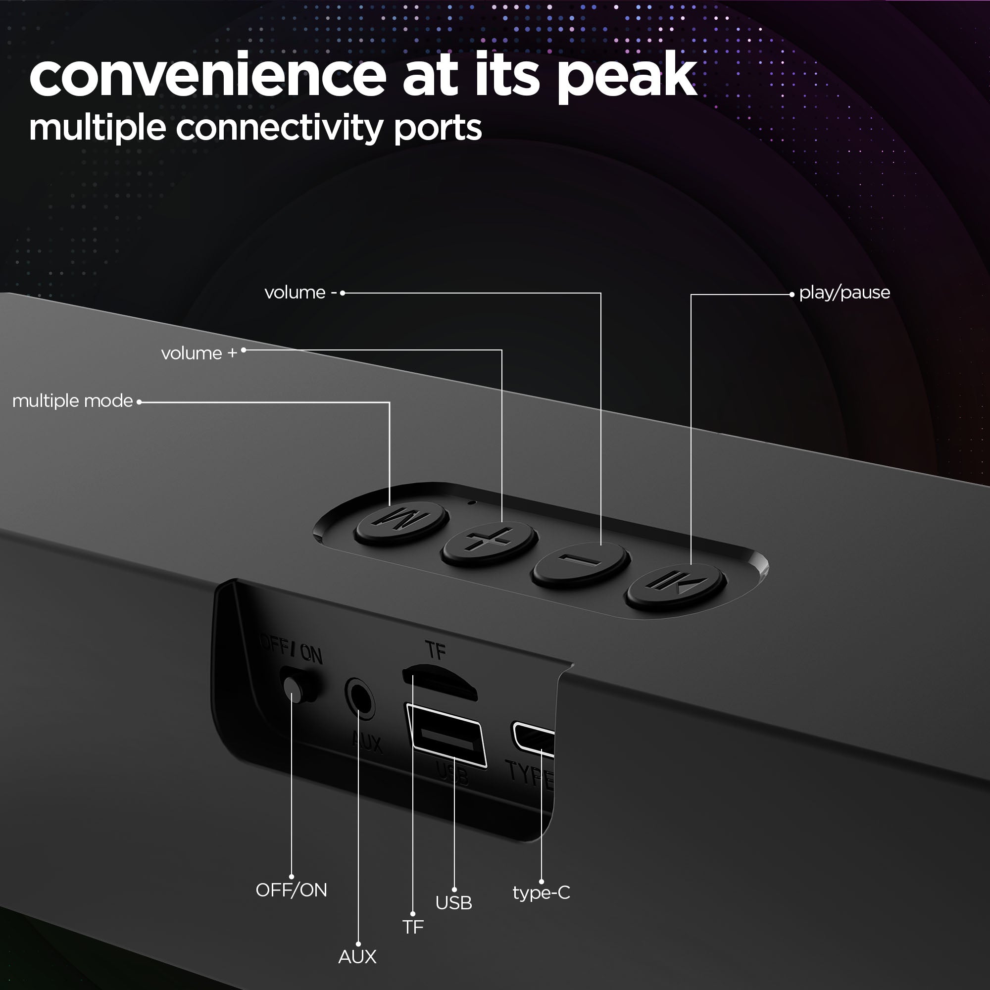 Easily manage playback, volume, and tracks with intuitive onboard controls.