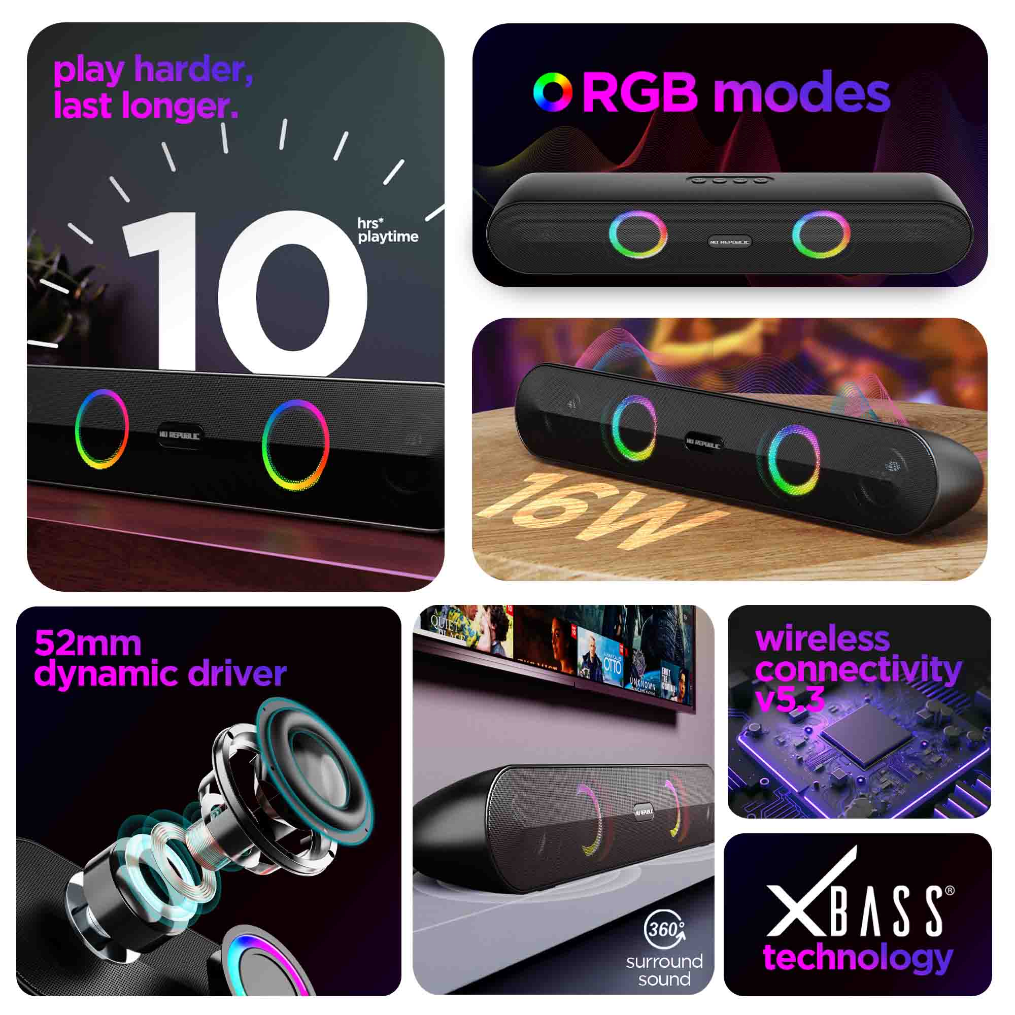 Partybox 165 delivers powerful 16W RMS audio output with clear vocals, rich sound, and punchy bass.