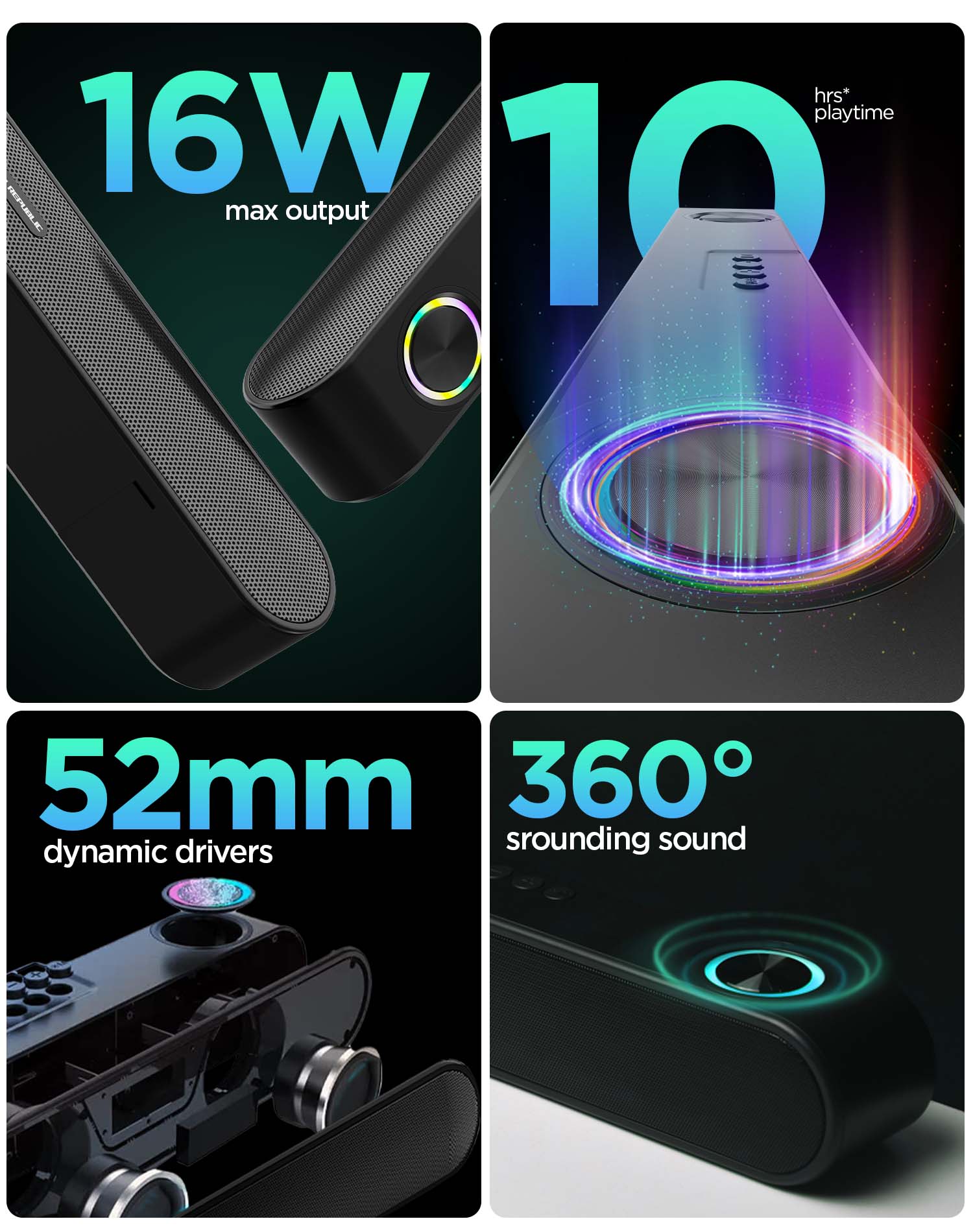 Experience clear and dynamic sound with 16W RMS power.