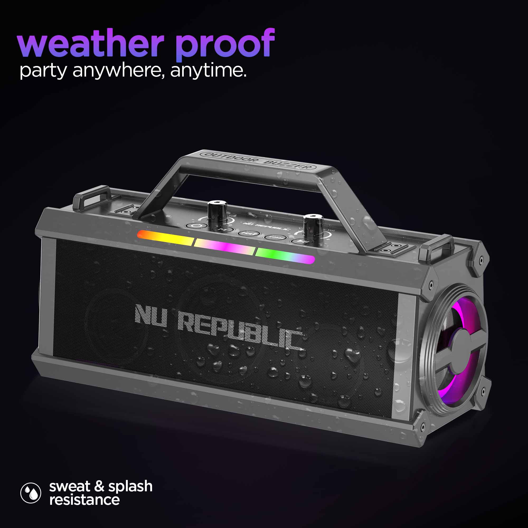 Nu Republic SonicPop 1200 wireless speaker with water-resistant design for worry-free music during outdoor adventures and parties.