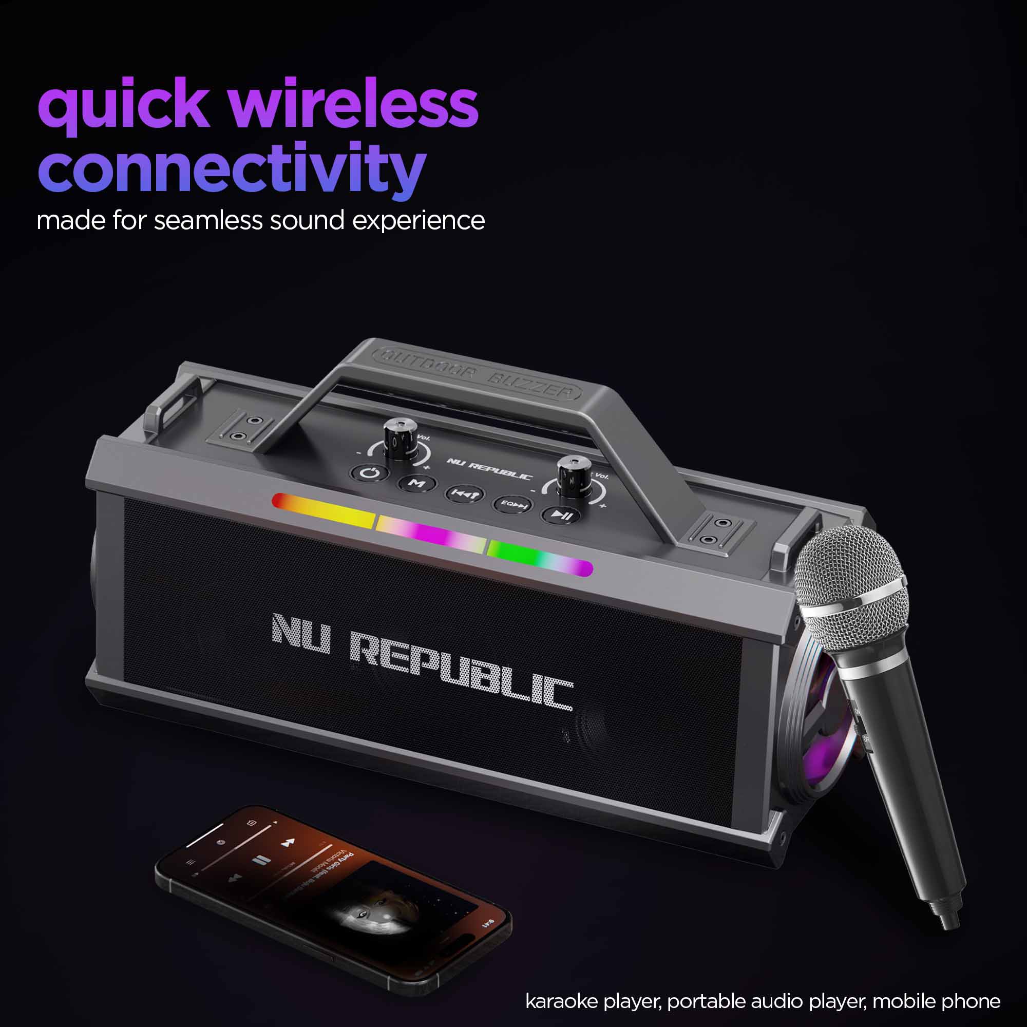 Portable speaker with detachable carrying strap for easy transport and outdoor use.