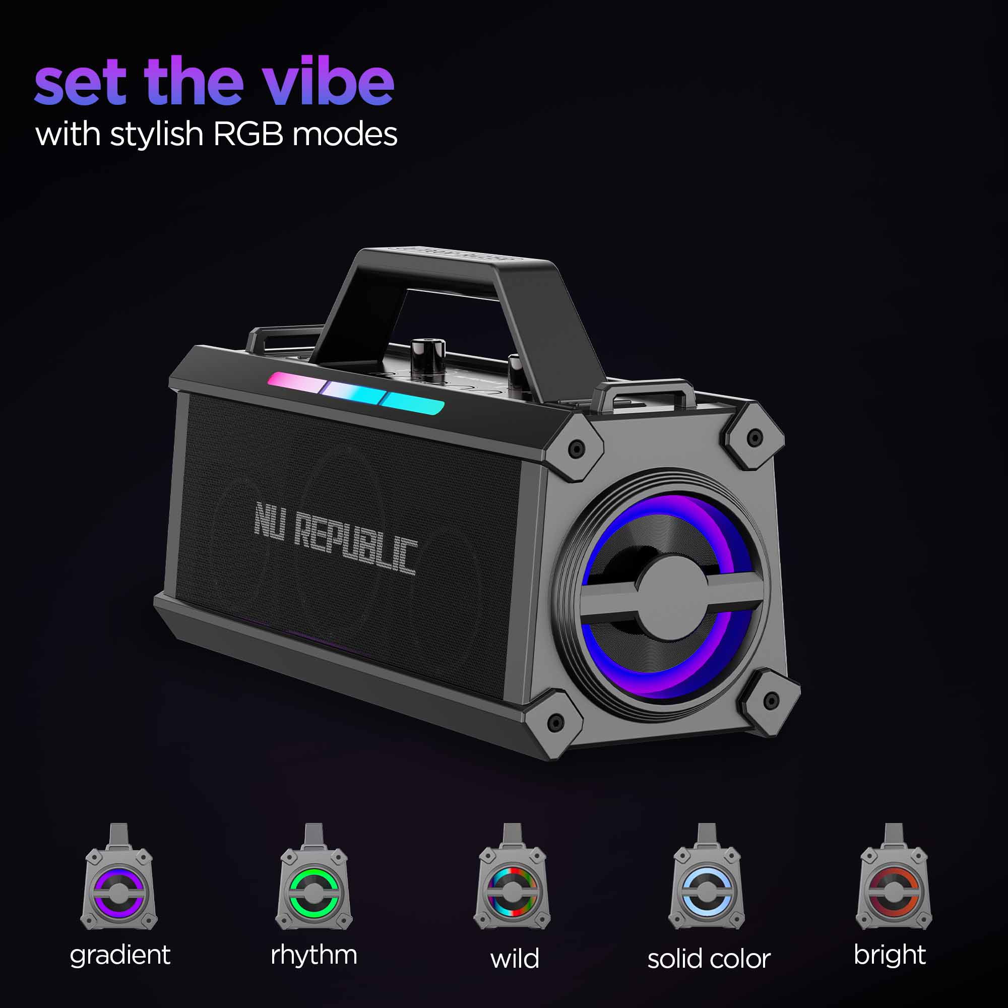 Vibrant RGB lighting modes create an immersive party atmosphere synced with your music.