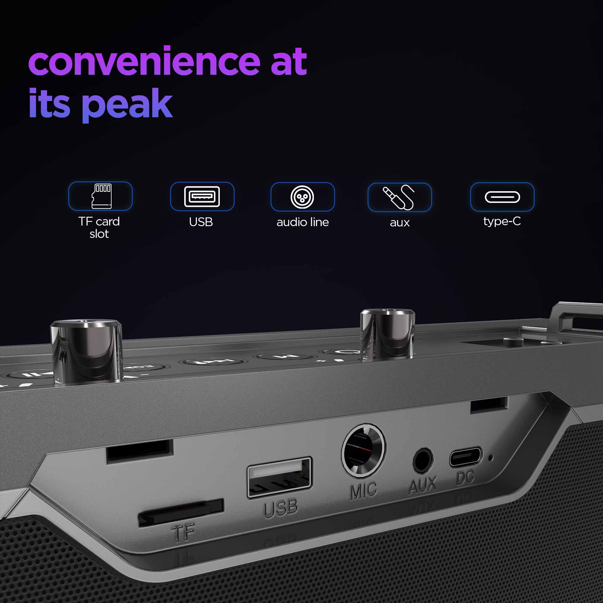 Convenient onboard controls for power, volume, playback, mode selection, and EQ settings