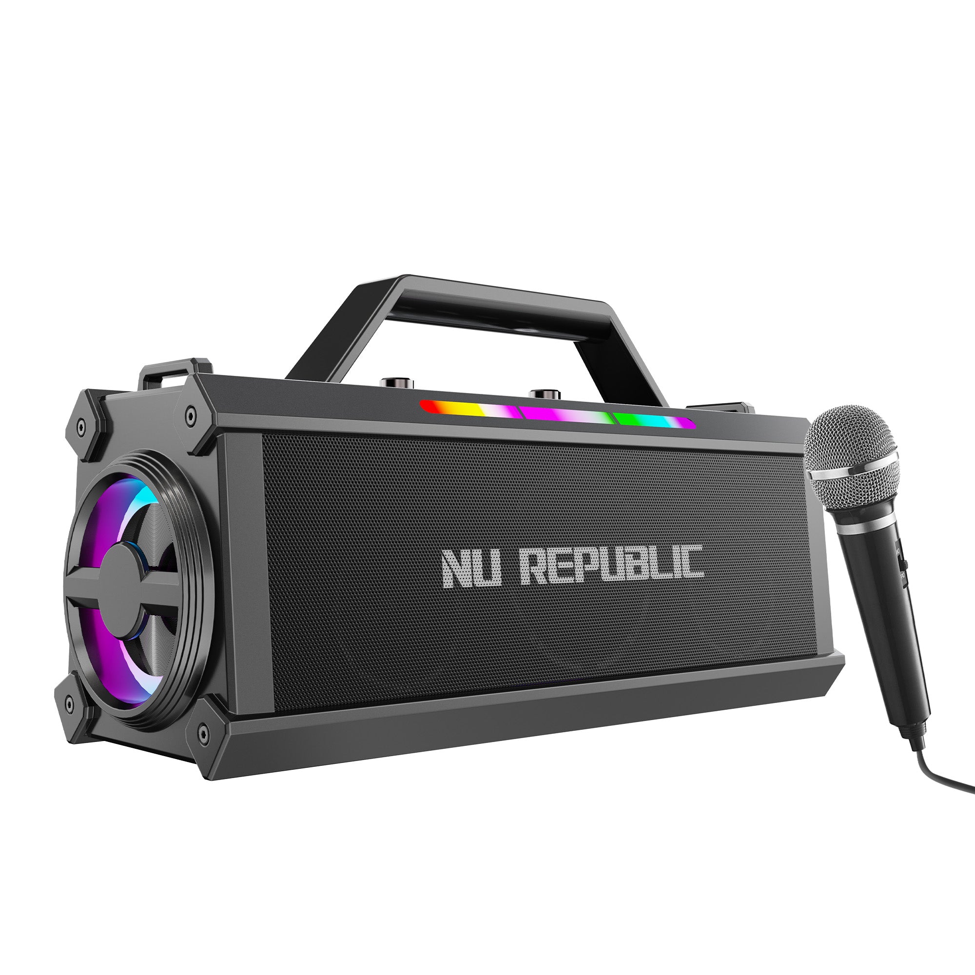 Nu Republic SonicPop 1200 portable wireless speaker with powerful 60W output, RGB lights, and premium design.