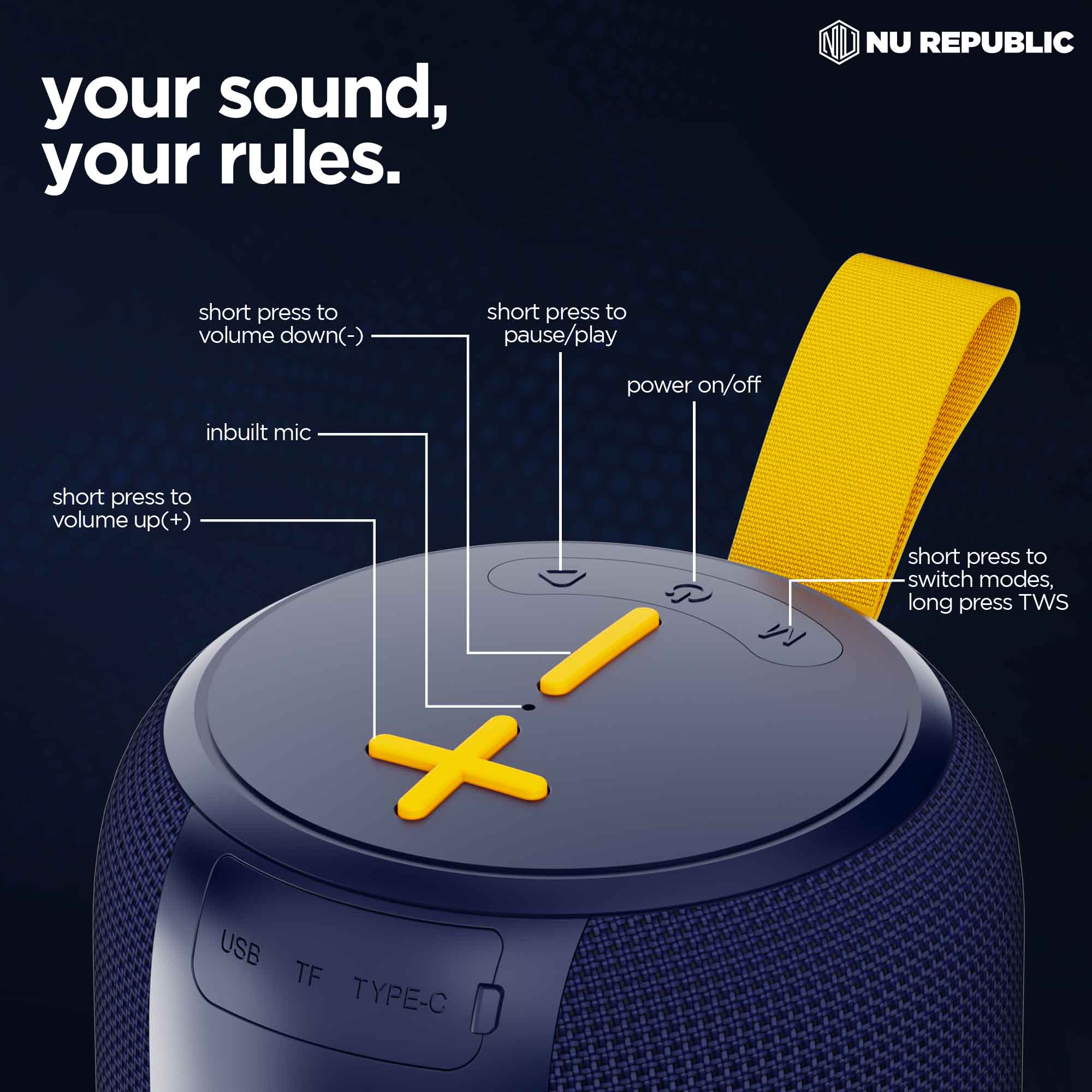 Intuitive onboard control buttons for power, volume, playback, lighting modes, and seamless speaker operation.