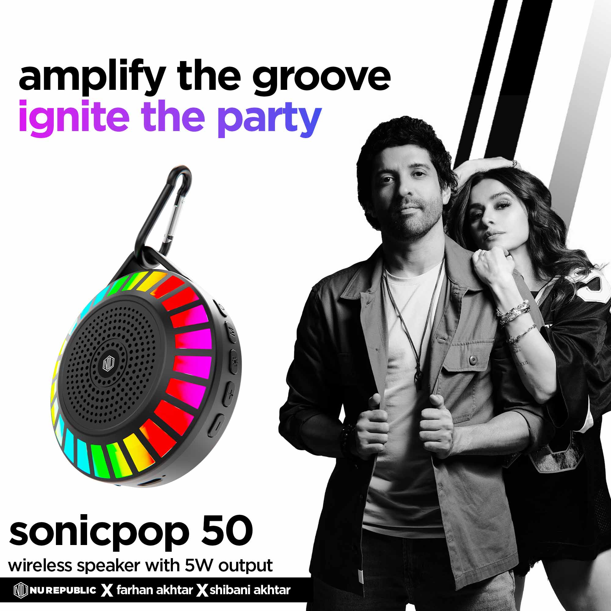 Promotional banner highlighting the SonicPop 50 Bluetooth speaker built for immersive audio experiences.