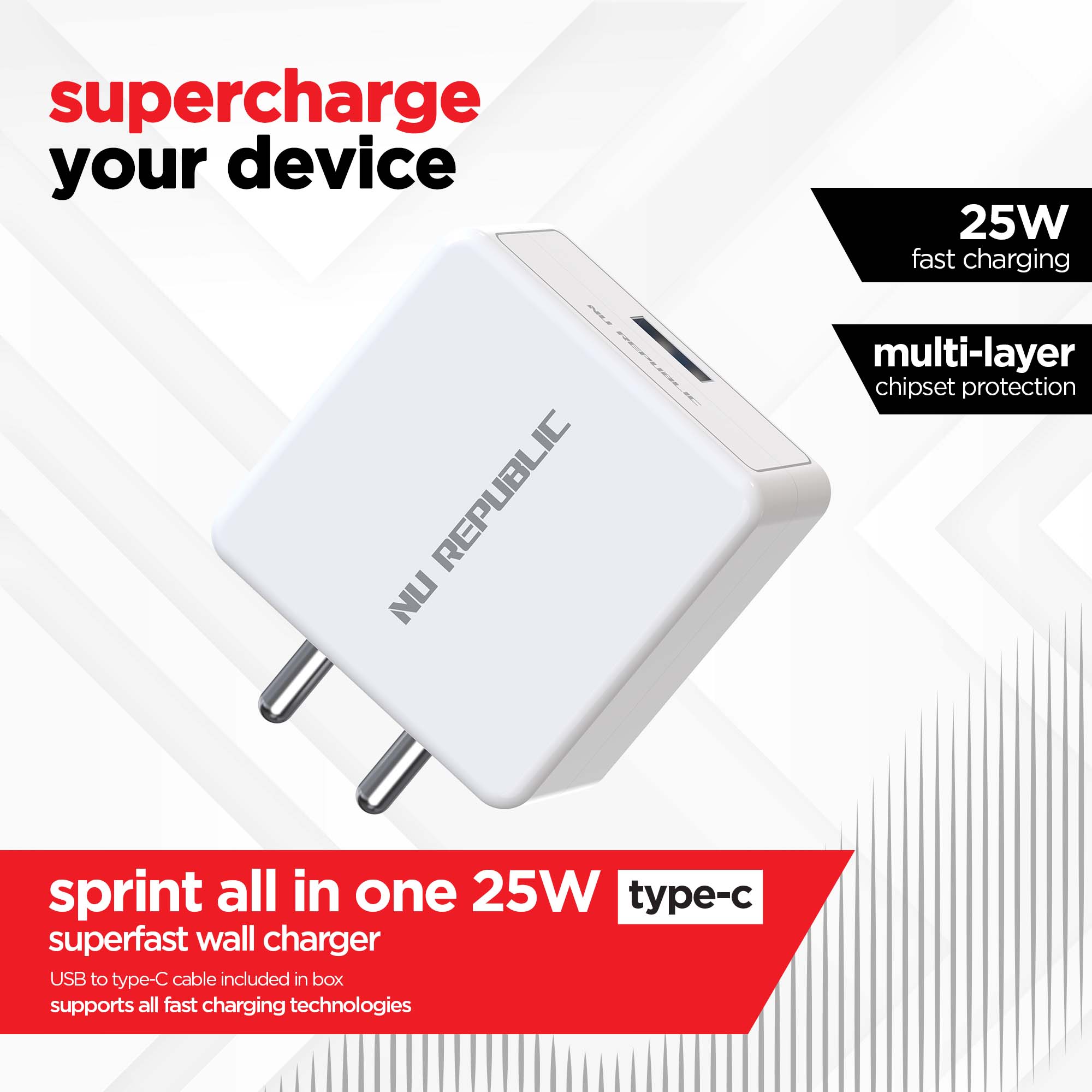 Sprint All In One 25W 5A Fast Charging Adapter with Cable (USB To Type-C)