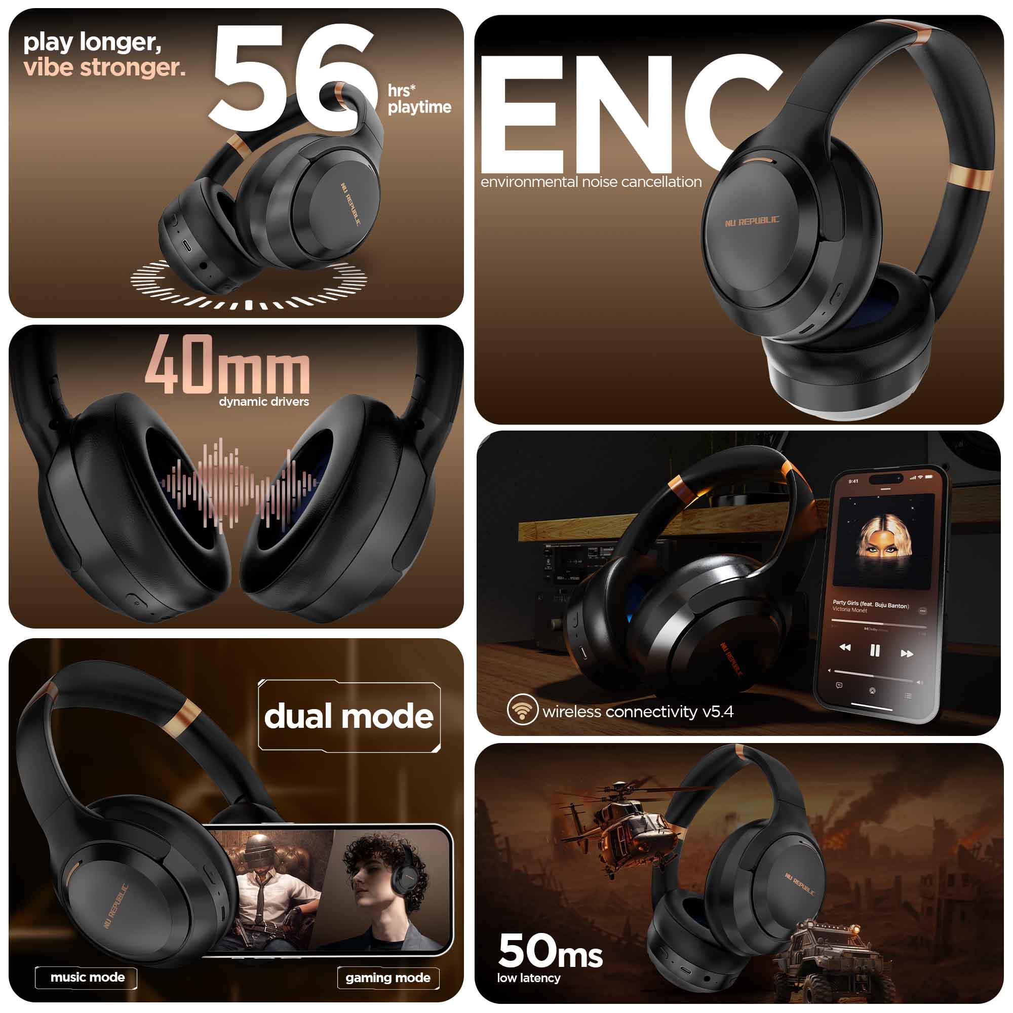 Featuring 56 hours playtime, Bluetooth v5.4, X-Bass® Technology, ENC, Dual Pairing, and 50ms low latency gaming mode.