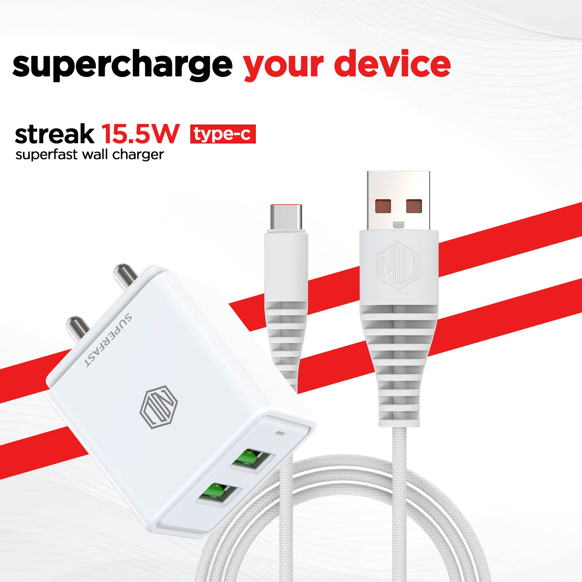 15.5W Dual USB Port Superfast Charger with Cable