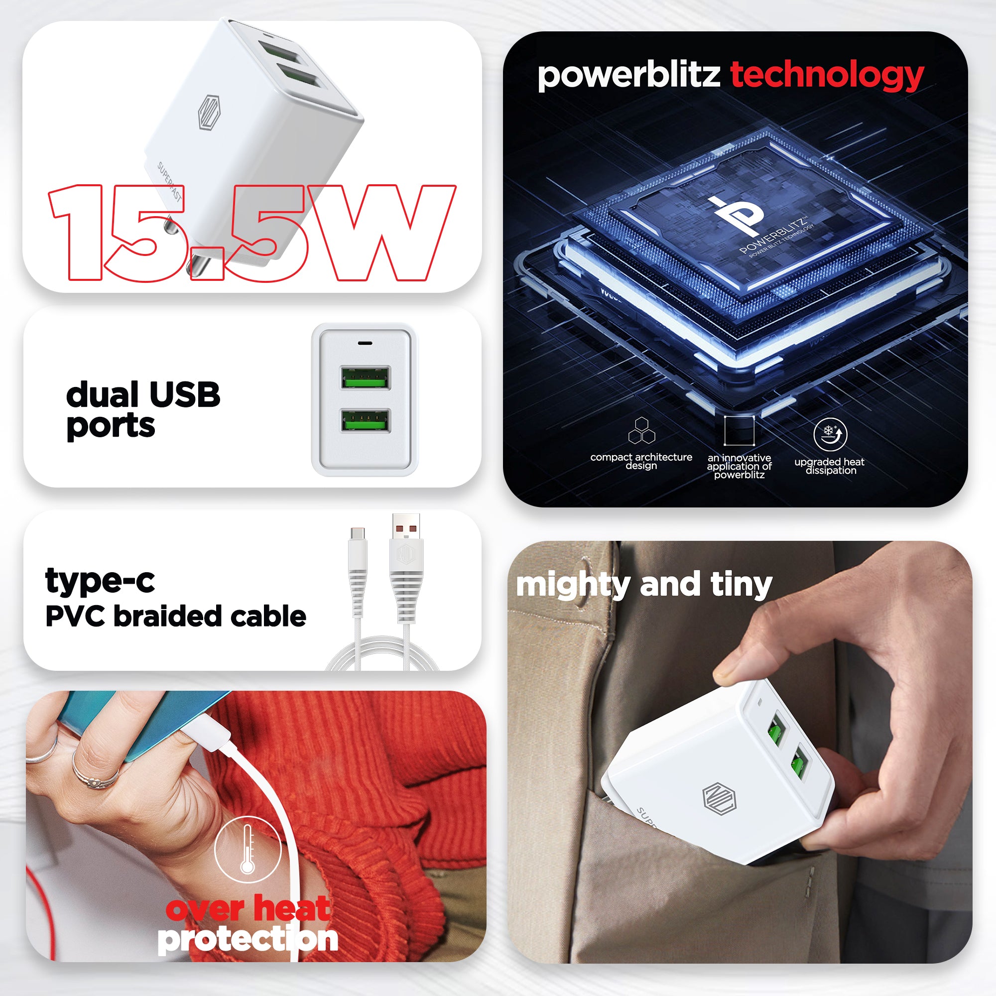 15.5W Dual USB Port Superfast Charger with Cable