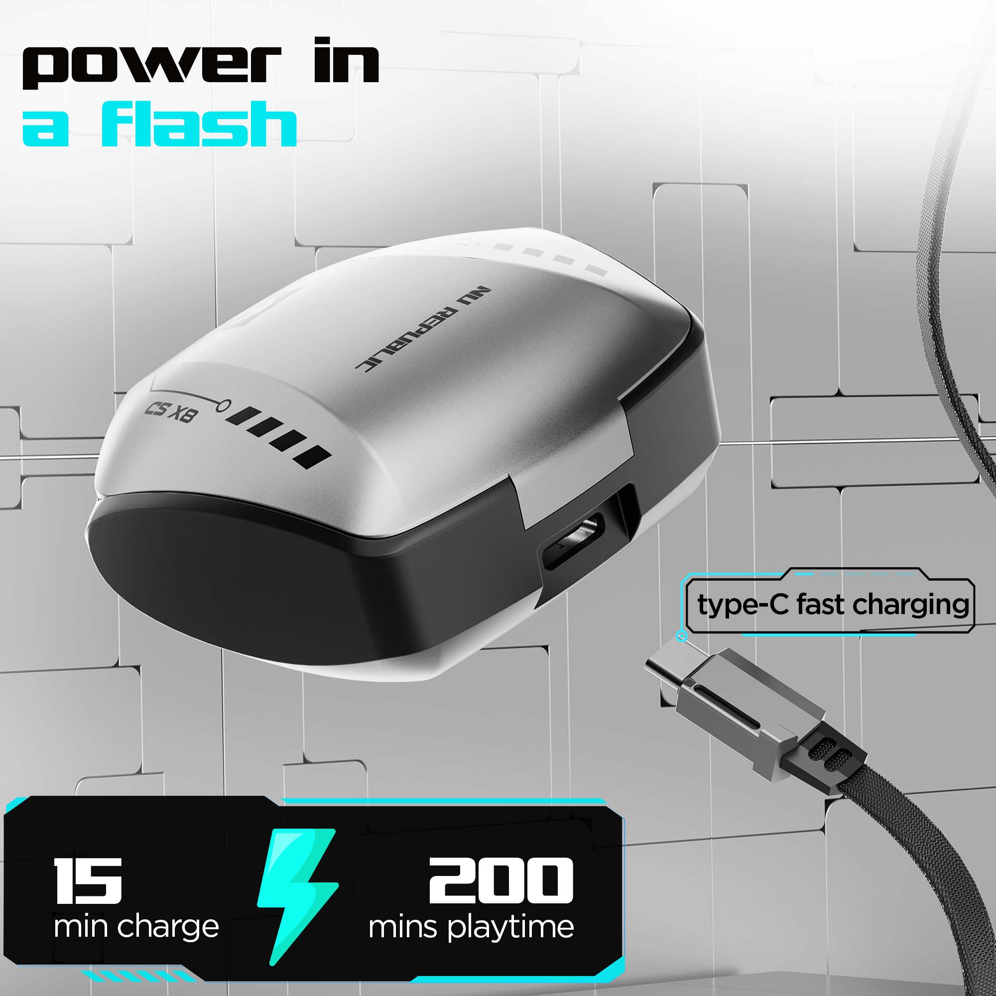 Cyberstud X8 earbuds with Type-C fast charging for extended playtime