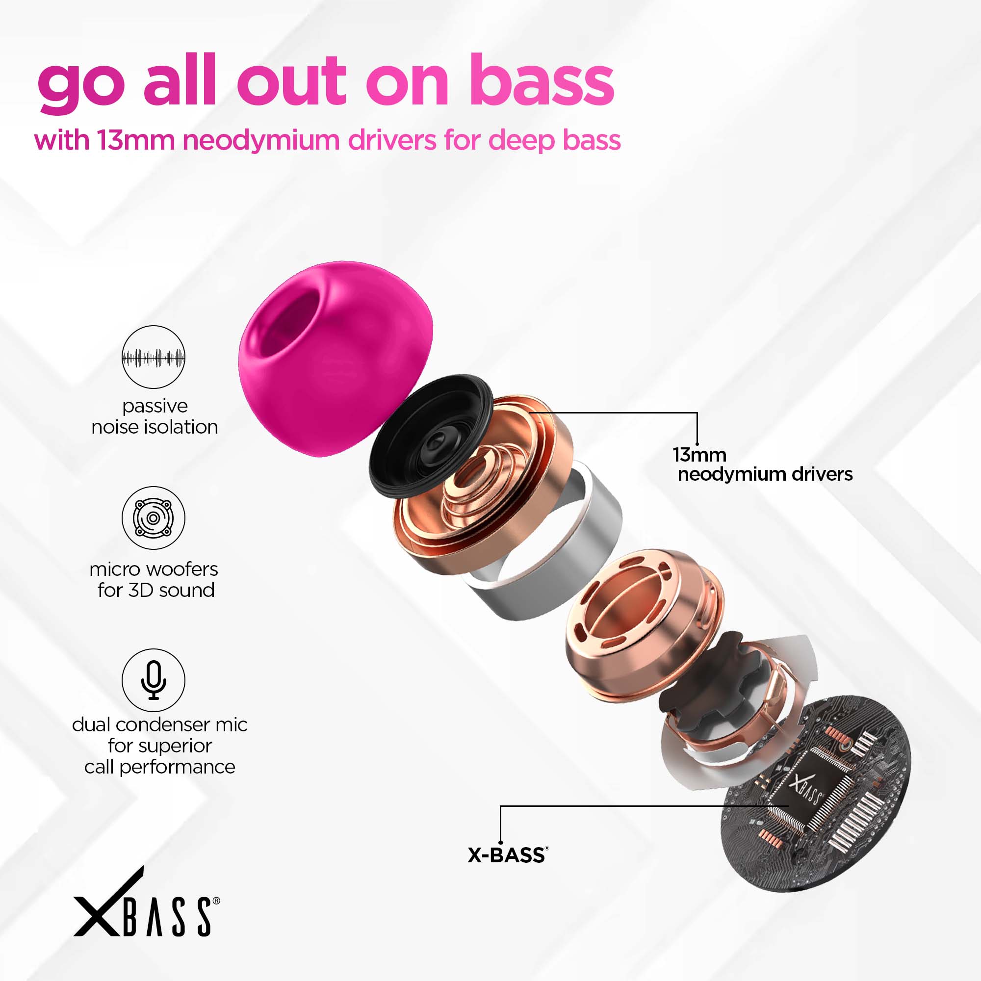 Epic X3 Hot Pink true wireless earbuds with powerful 13mm dynamic drivers for rich sound, deep bass, and immersive audio