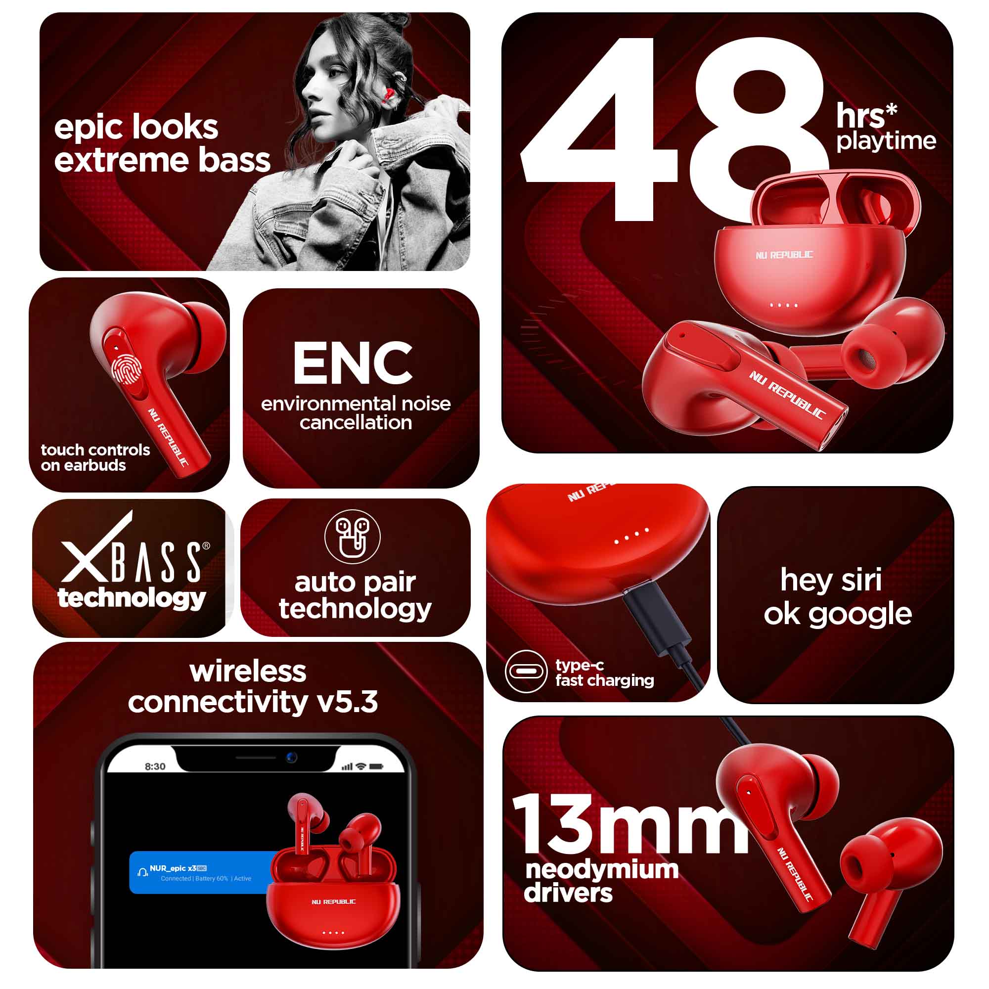 Epic X3 Hot Pink earbuds featuring 48 hours playtime, 13mm neodymium drivers, X-Bass technology, and ENC calling