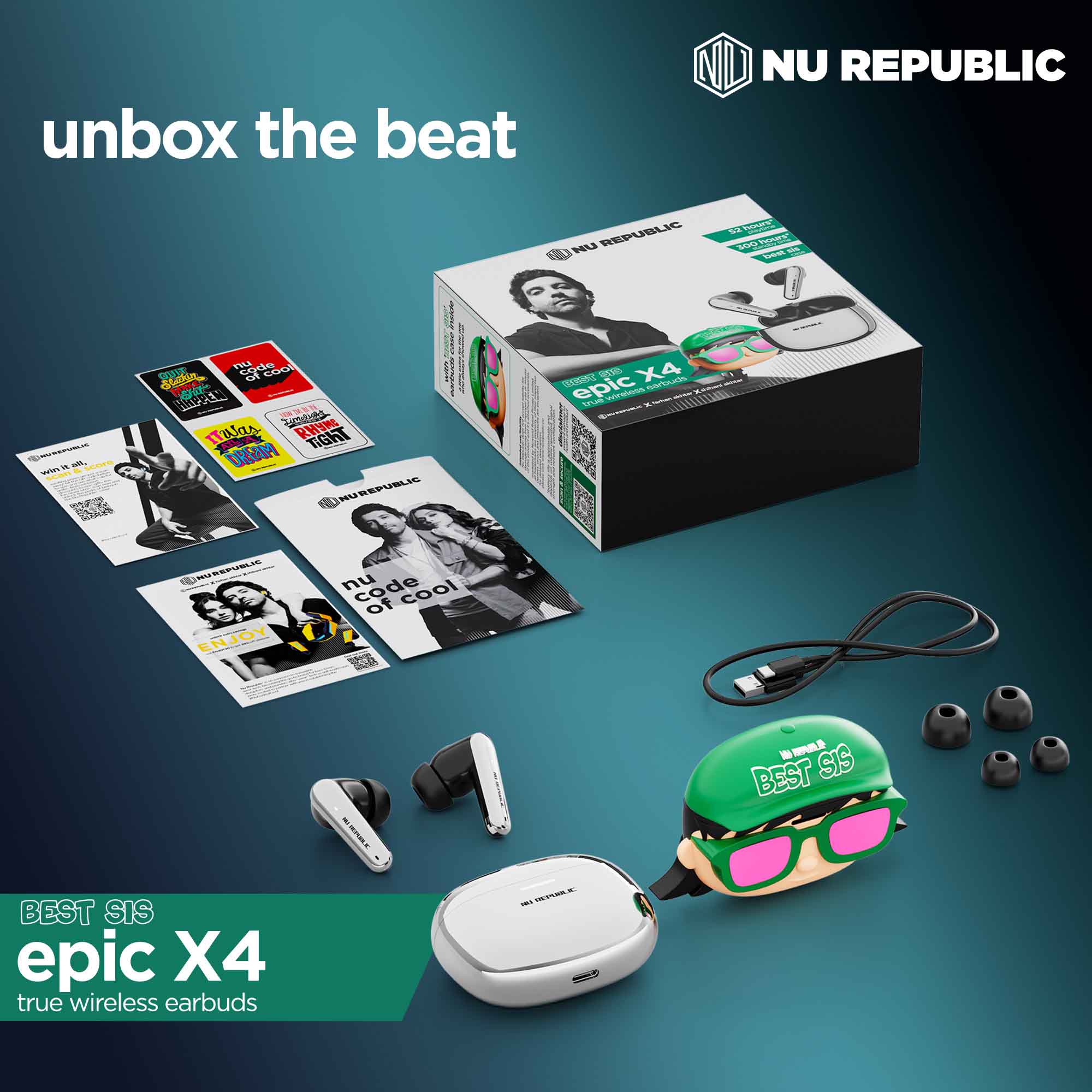 Epic X4 Best Sis Edition package includes earbuds, charging case, and USB Type-C charging cable