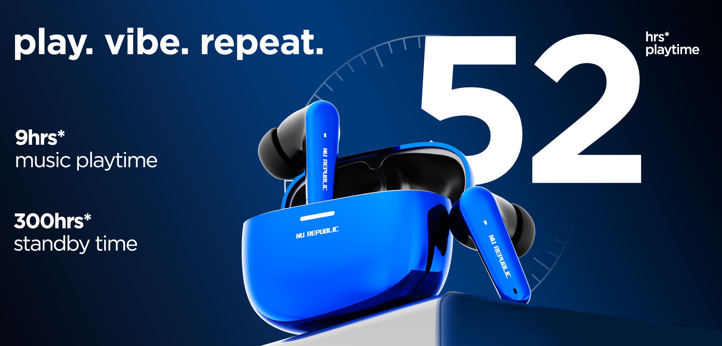 Epic X4 Blue true wireless earbuds with up to 52 hours of total playtime for uninterrupted music, gaming, and calls