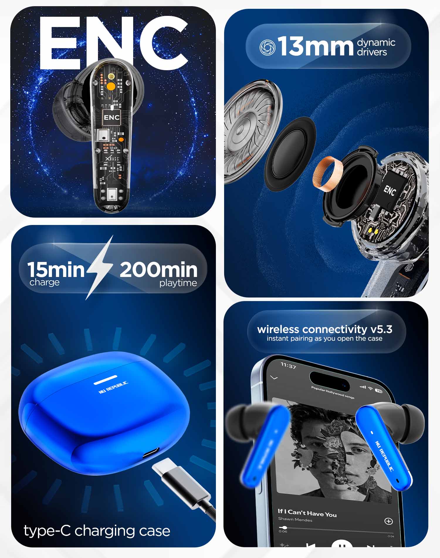 Epic X4 Blue earbuds with dedicated gaming and music modes for optimized sound performance