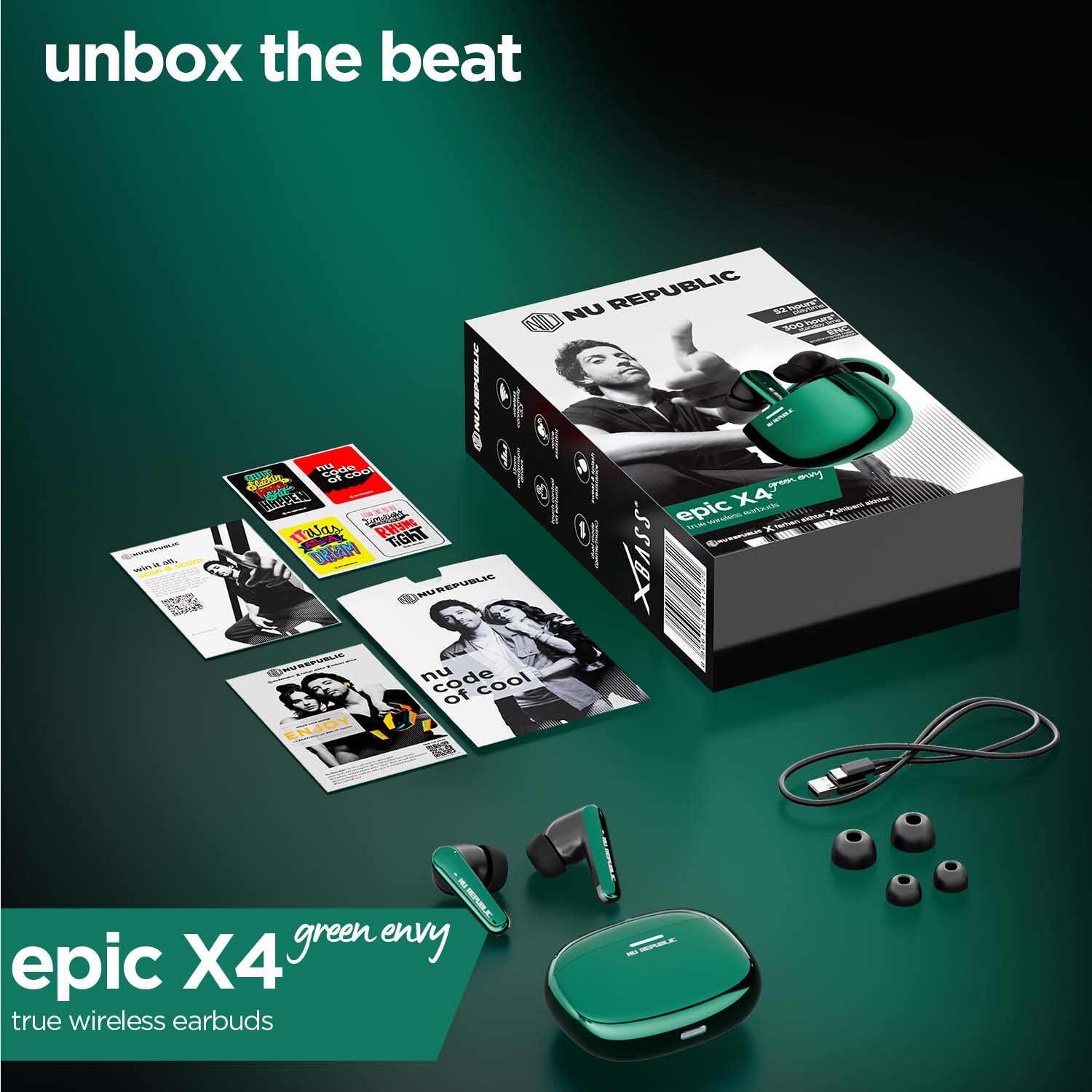 Epic X4 Green package including earbuds, charging case, Type-C cable.