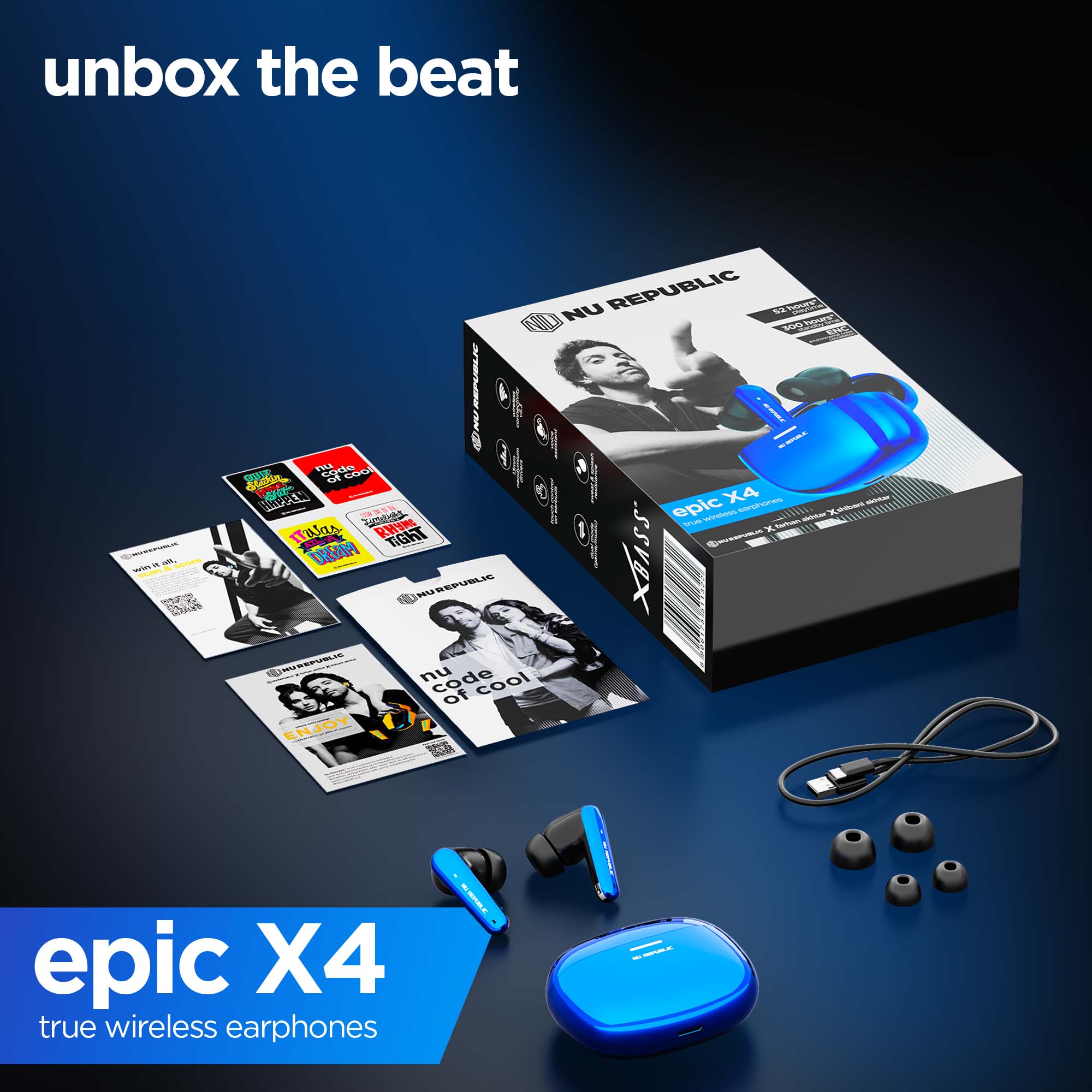 Epic X4 Green package includes earbuds, charging case, and Type-C charging cable