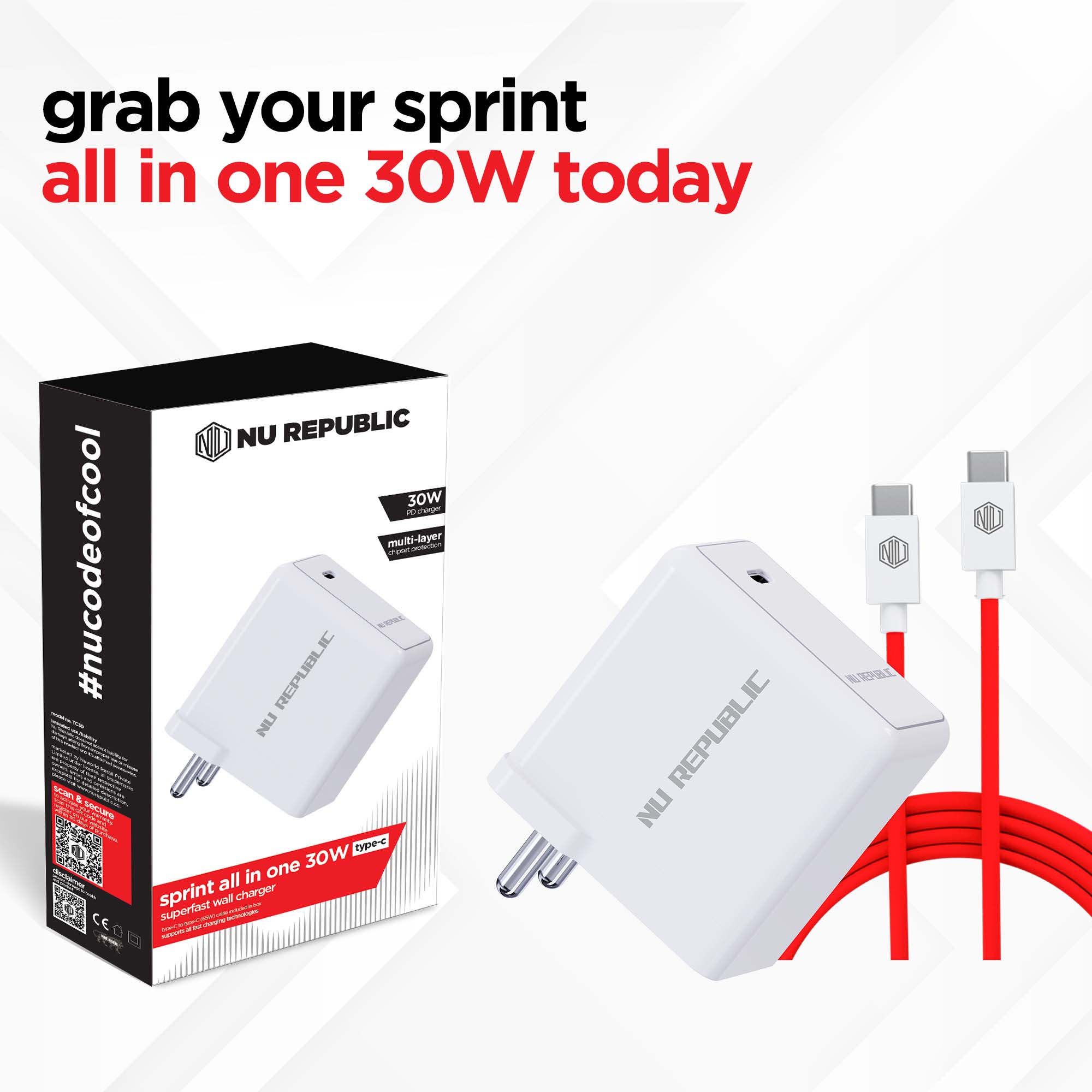 Sprint All In One 30W 6A Fast Charging Adapter with Cable (Type-C to Type-C)